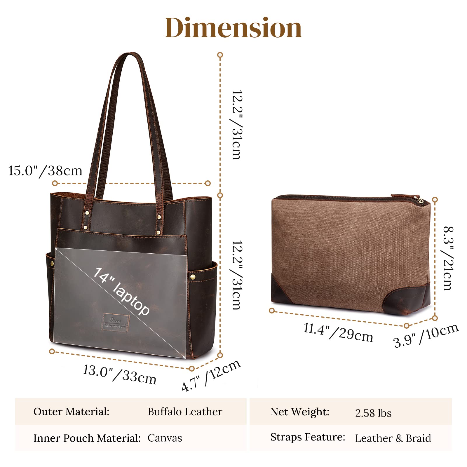 Genuine Leather Tote Bag for Women - Large Vintage Shoulder Purse - Work Bag, Office, Travel & Everyday Use