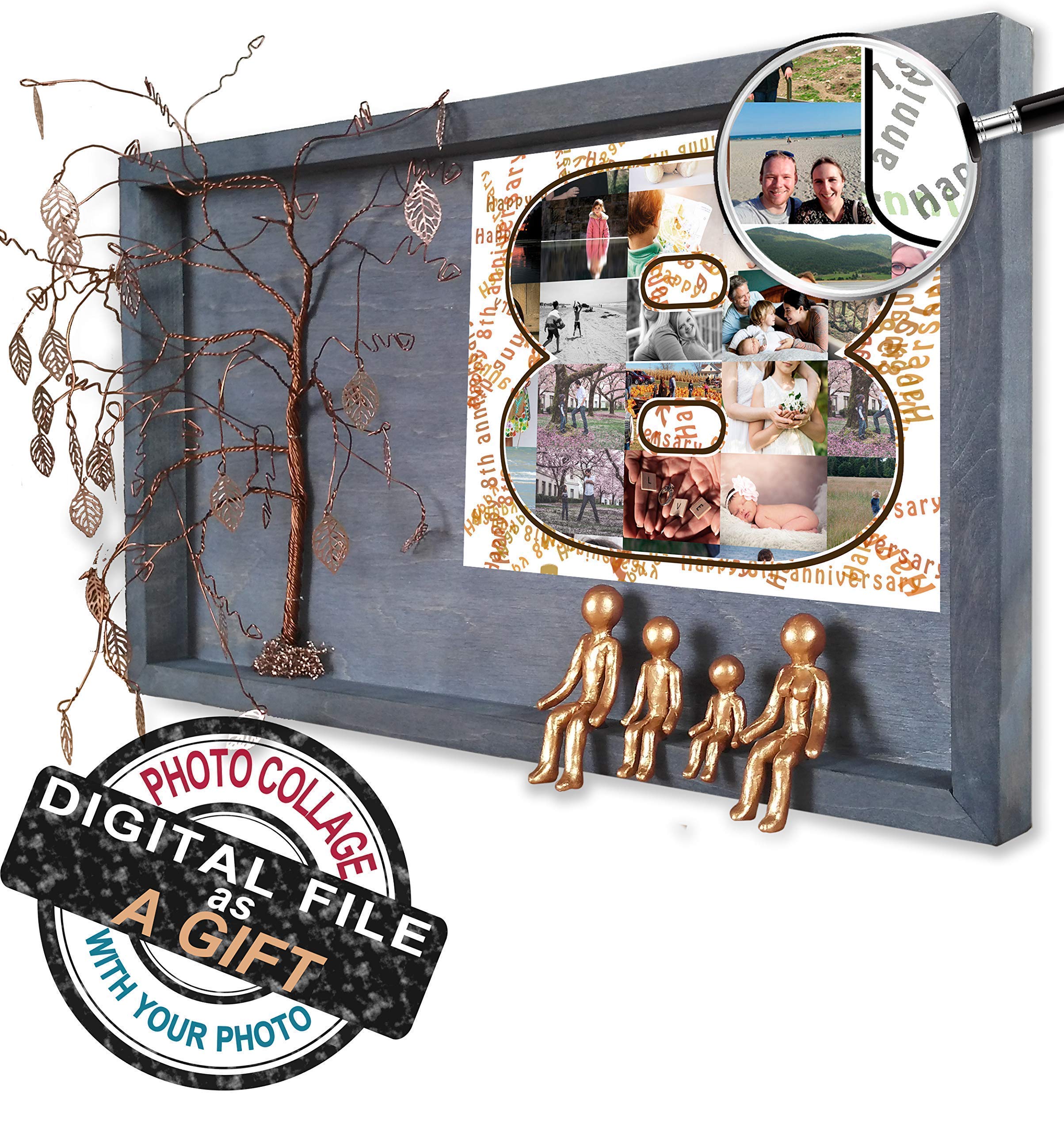 Personalized Bronze Wedding Anniversary Picture Frame Collage - Willow Tree Family of 4 Figurines for 7th, 8th, 19th Year - Unique Christmas Gifts for Wife, In-Laws - Metal Wall Decor for Home & Office