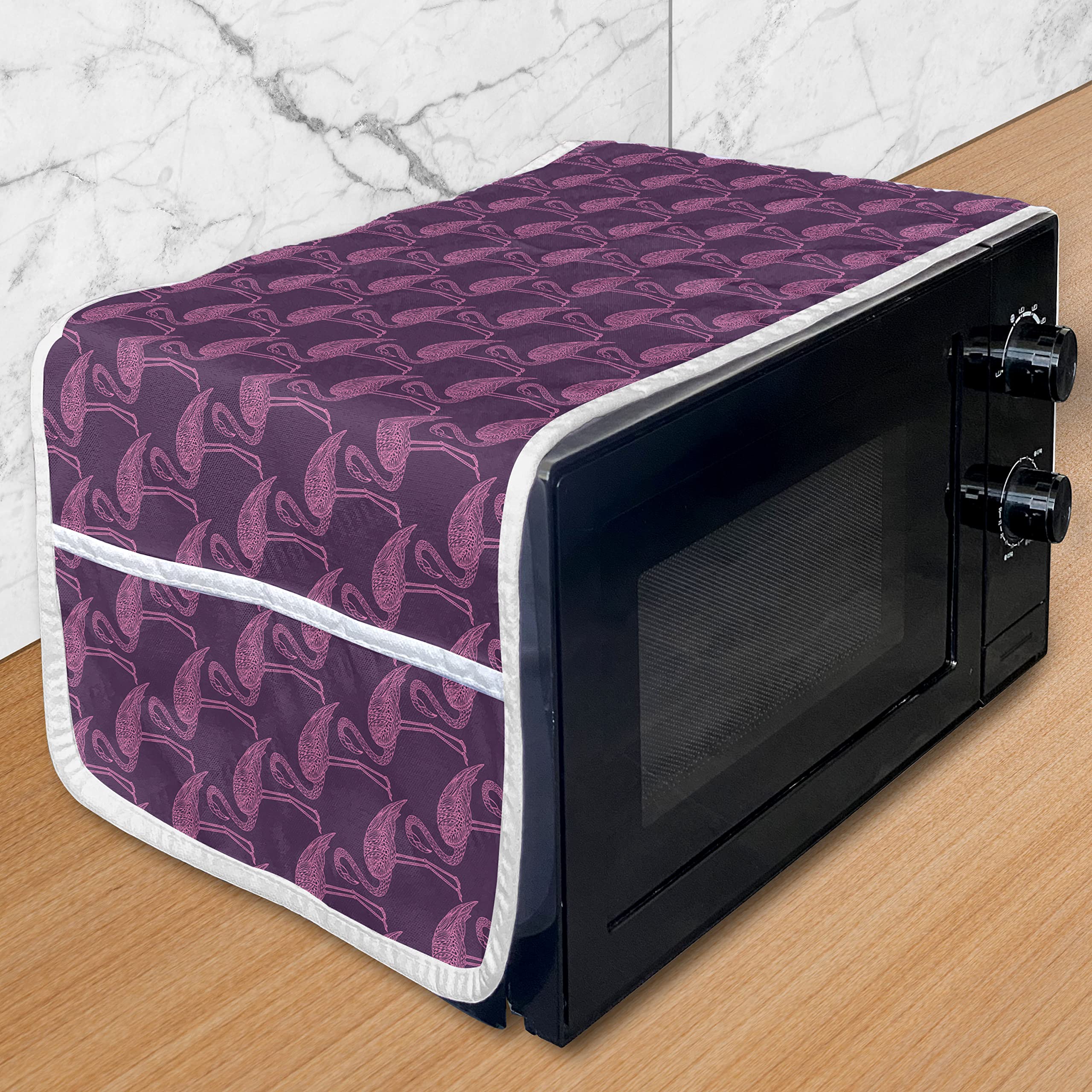 Ambesonne Flamingo Microwave Cover - Water Resistant Kitchen Organizer with Pockets, Aloha Themed Exotic Bird Pattern in Plum & Pink, 36 x 12 Inches - Perfect for Tropical Kitchen Decor & Microwave Protection