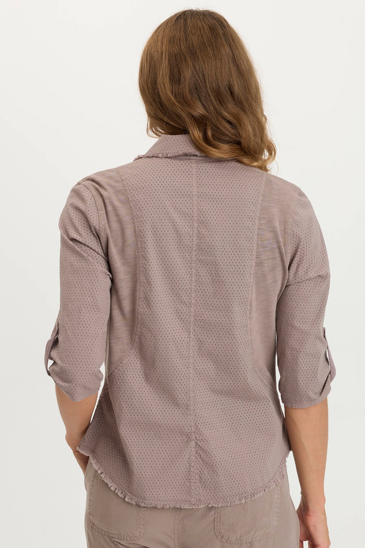 Arvin Perforated Poplin & Jersey 3/4 Sleeve Snap-Up Top for Women - Breathable Summer Blouse for Casual Wear & Office Outfits