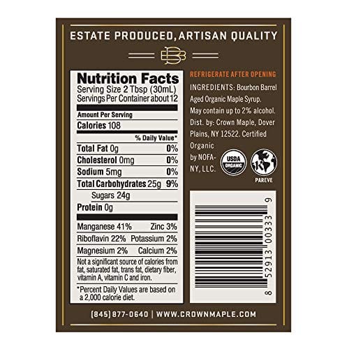 Organic Crown Maple Bourbon Barrel Aged Maple Syrup - 12.7 Fl Oz | Premium Pancake Topping, Cocktail Mixer & Gourmet Cooking Ingredient for Waffles, Desserts, BBQ Marinades & Salad Dressings