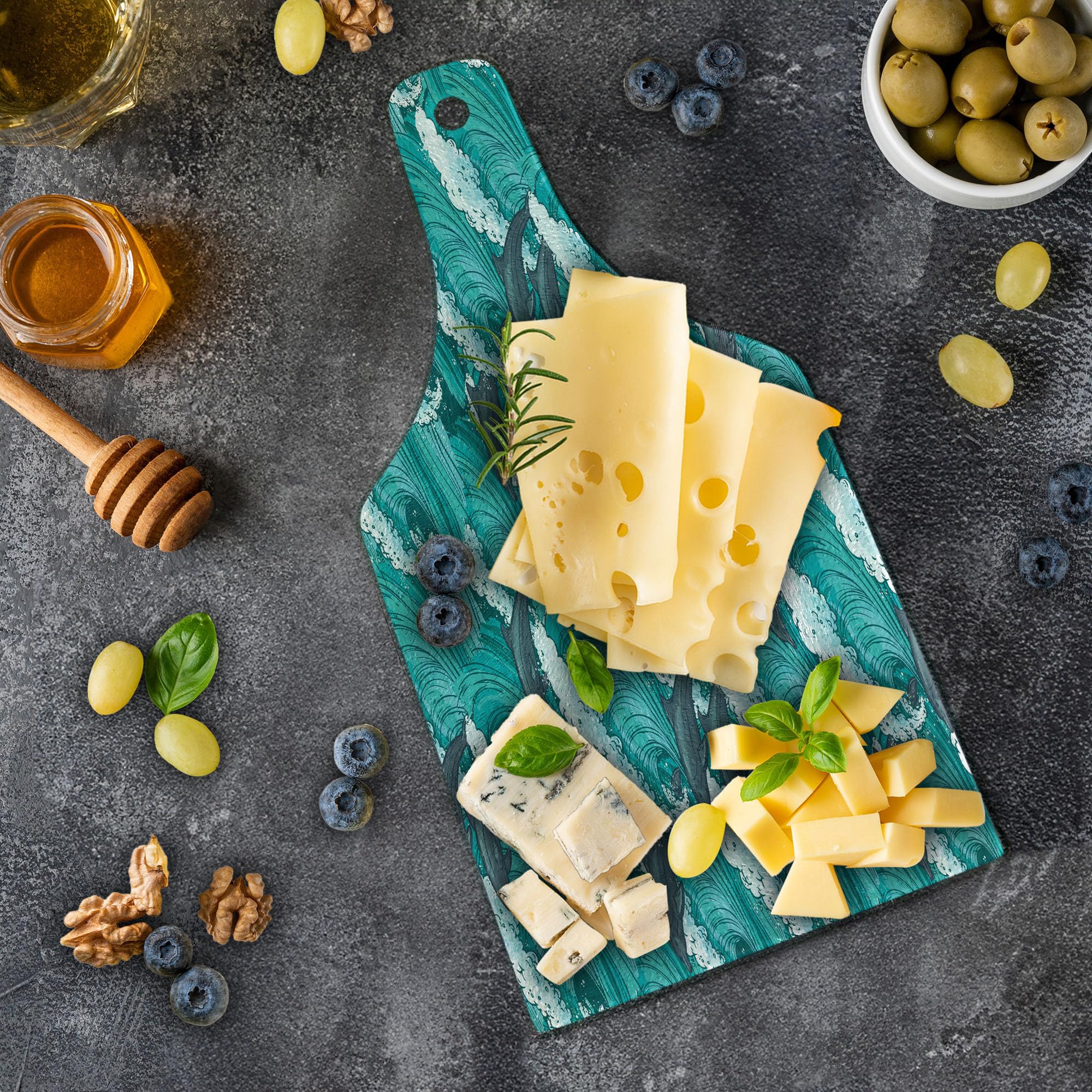 Ambesonne Sea Animals Cutting Board - Wavy Ocean with Dolphins Windy Surfing Doodle Style Art Print - Tempered Glass Serving Board for Kitchen & Entertaining - Wine Bottle Shape in Charcoal Grey Teal White - Perfect for Cheese Platters, Charcuterie & Wine Pairings