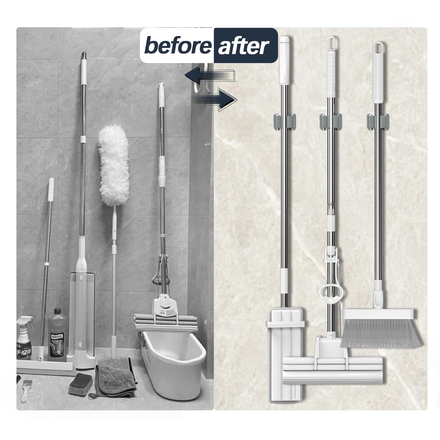 **6-Pack Heavy Duty Wall Mount Broom Holder - 3-H Mop and Broom Hanger Organizer for Shovels, Rakes & Yard Tools - 1KG Capacity, Space-Saving Grey Storage for Shed, Kitchen, Laundry, Bathroom & Garden**