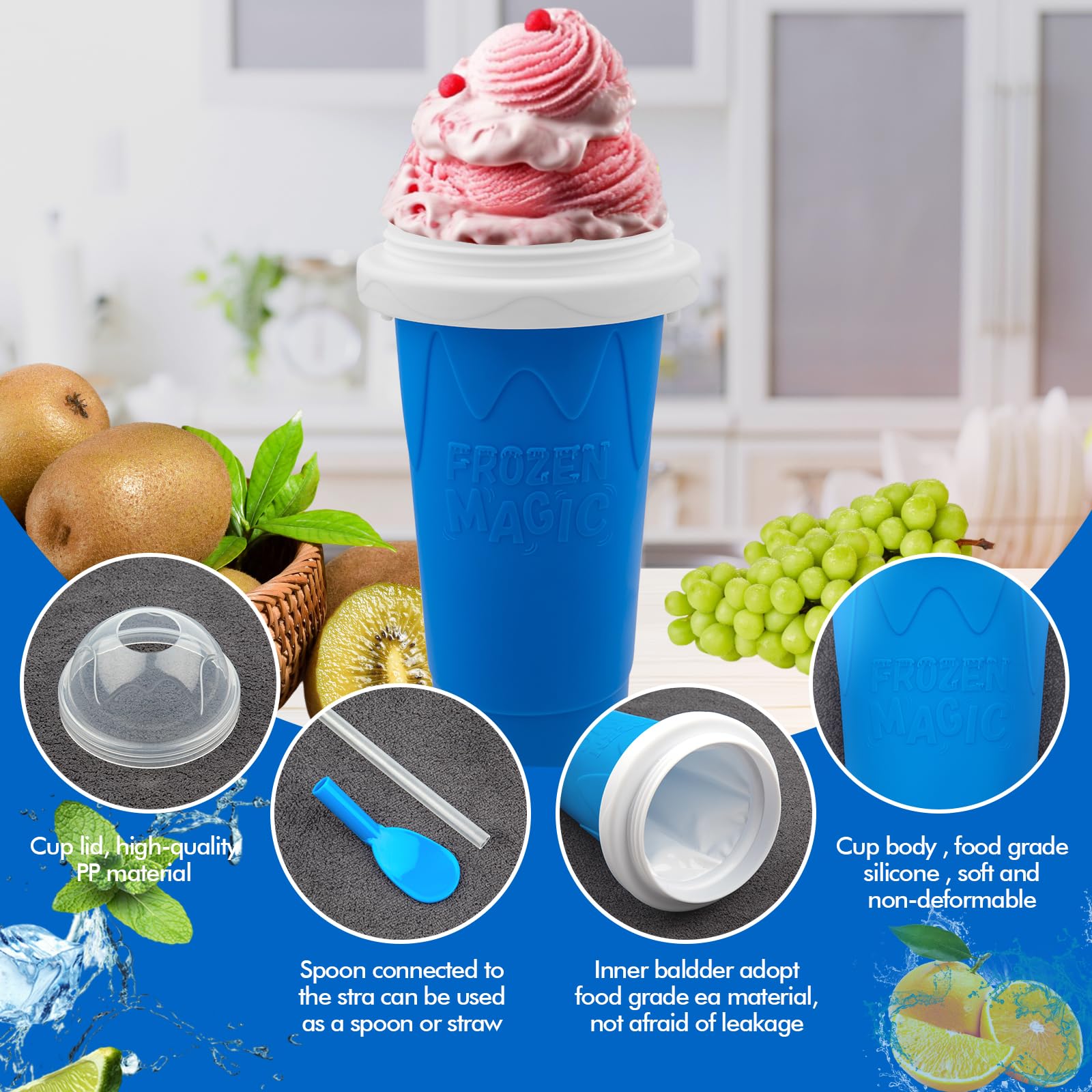 **Magic Slushy Maker Cup - DIY Portable Smoothie & Ice Cream Squeeze Cup for Juices, Milk - Double-Layer Silicone Slushie Cup with Straw - Perfect for Kids, Friends & Family Gifts (Blue) - Great for Parties, Picnics & Summer Fun**