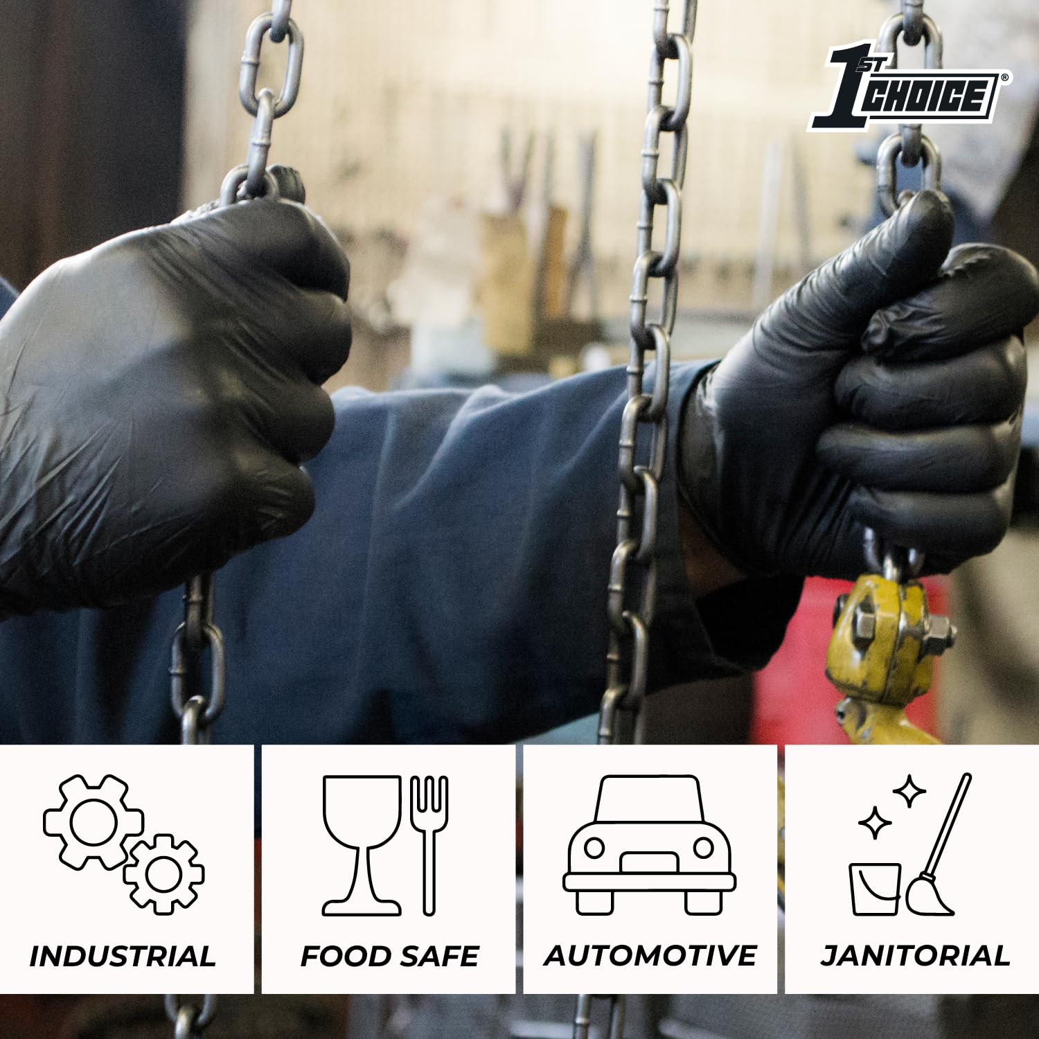 1st Choice Nitrile Gloves - Latex-Free Disposable Black Gloves, 6 Mil Textured Industrial Grade for Cooking, Cleaning, Medical Use & Food Handling | Durable & Comfortable for Professional & Home Use