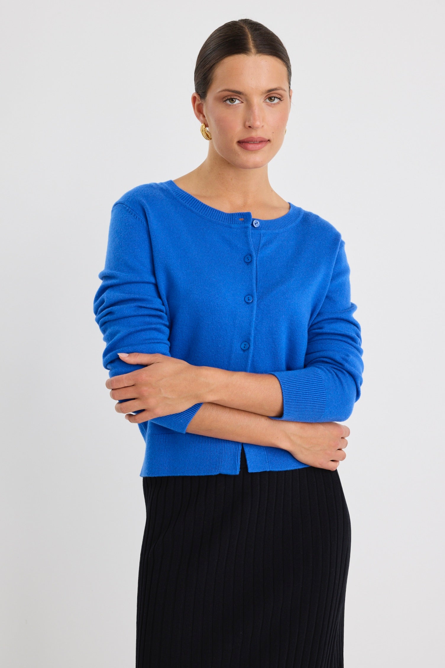 Premium Cobalt Blue Cashmere Blend Crewneck Cardigan for Women - Soft & Warm Winter Sweater for Office, Date Night & Holiday Outfits