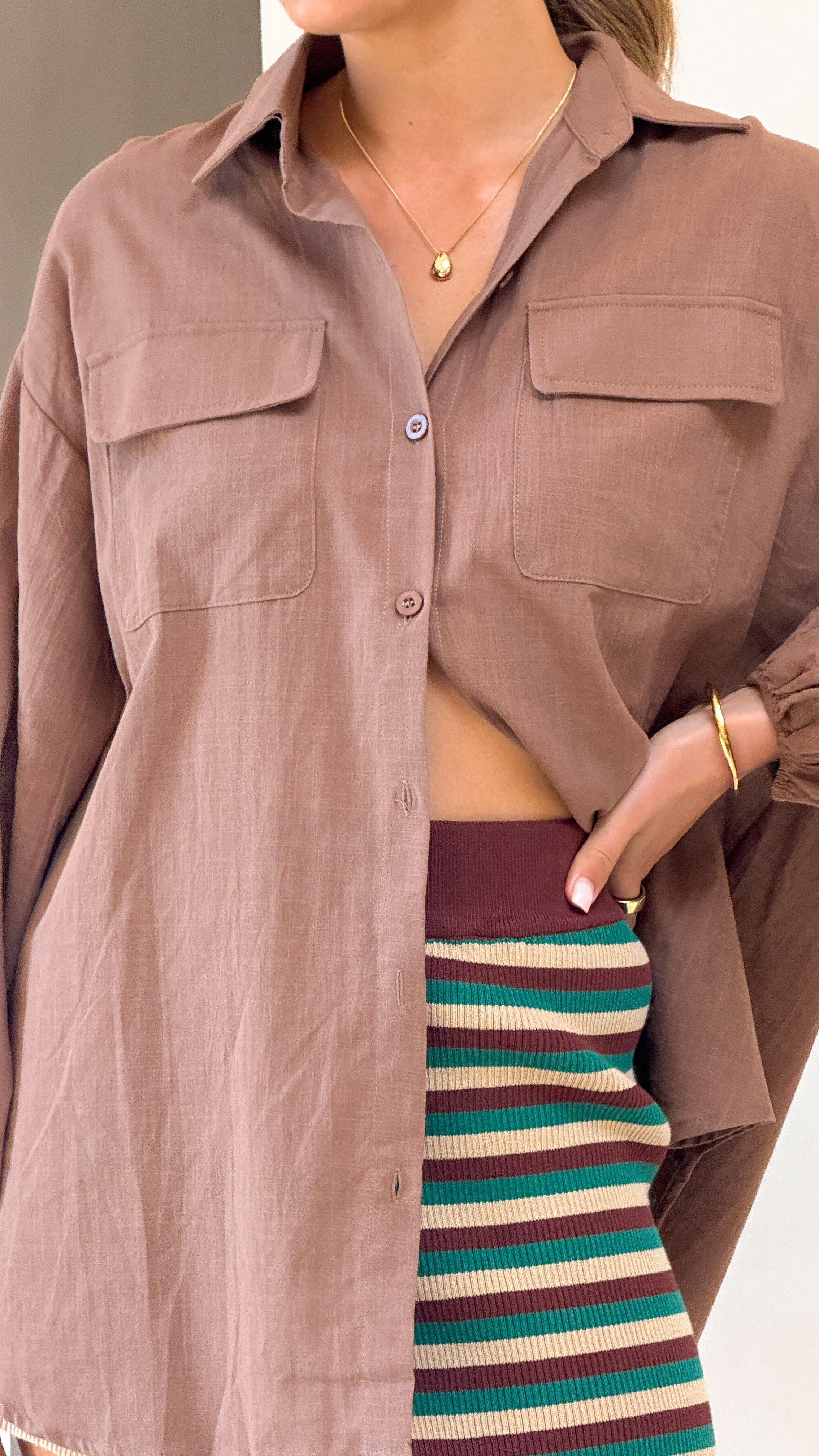 Bianca Oversized Button Up Shirt for Women - Soft Cotton Long Sleeve Casual Blouse (Brown) | Perfect for Office, Travel & Everyday Wear
