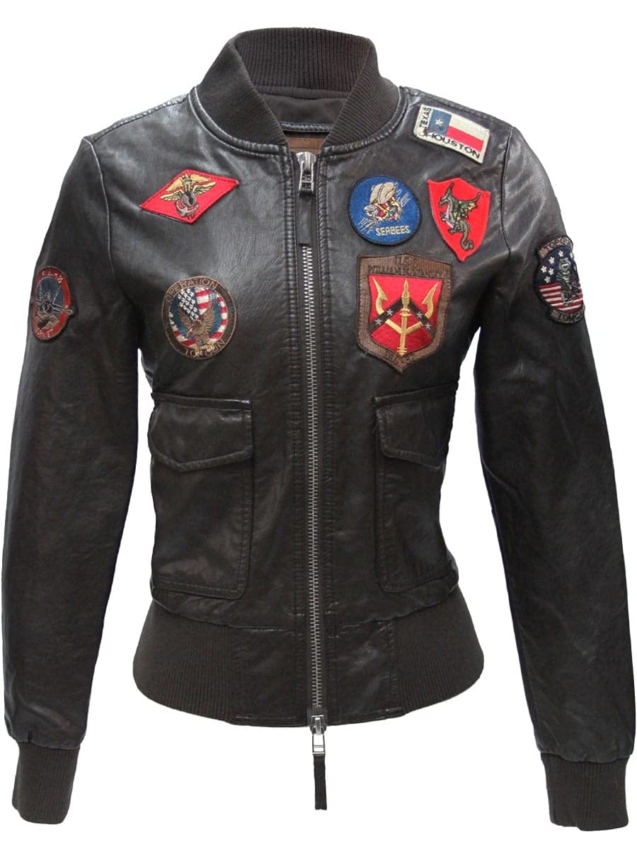 Top Gun Vegan Leather Bomber Jacket for Women - Stylish Faux Leather Jacket with Embroidered Patches | Perfect for Casual Outfits, Motorcycle Riding & 80s Retro Fashion