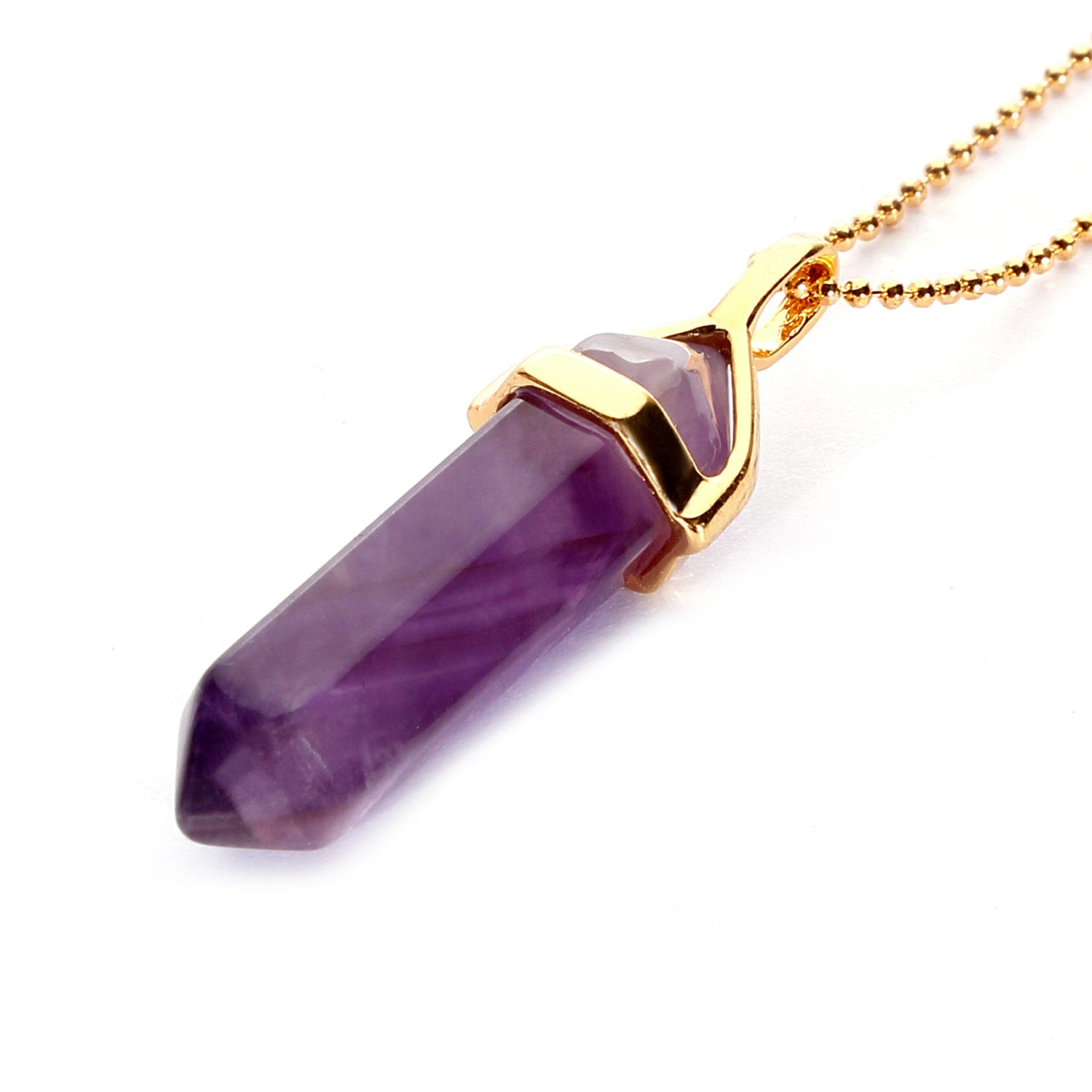 Amethyst Crystal Pendulum Necklace - 40x8mm Healing Stone Pendant with Gold Chain for Dowsing, Meditation & Energy Cleansing