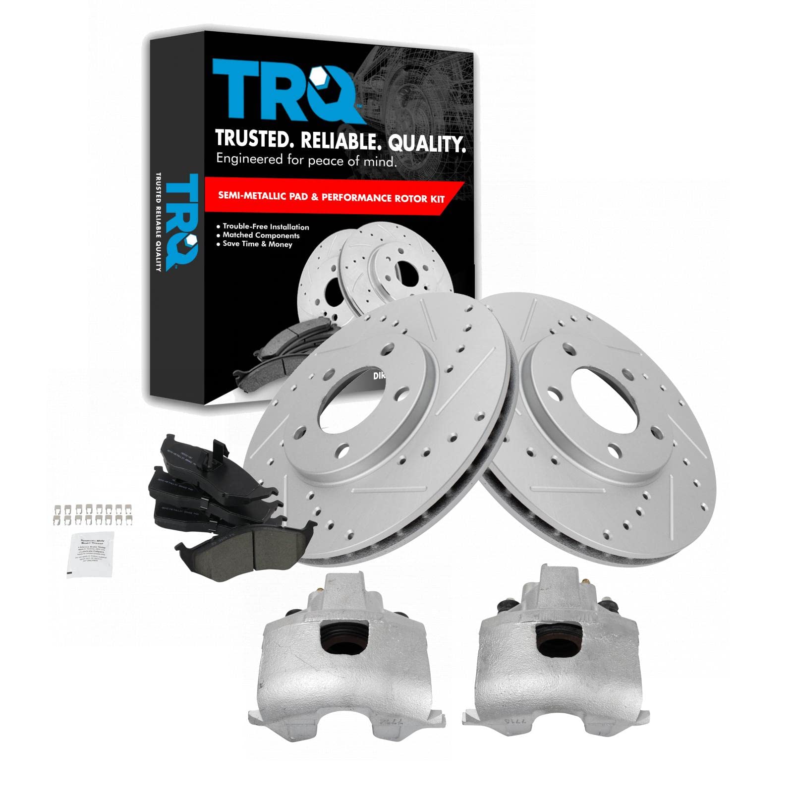 TRQ Front Semi-Metallic Brake Pads with Performance Rotors & Caliper Kit - Compatible with Dodge Ram 1500/2500/3500 (2009-2022) | High-Performance Braking System for Towing & Off-Road Driving