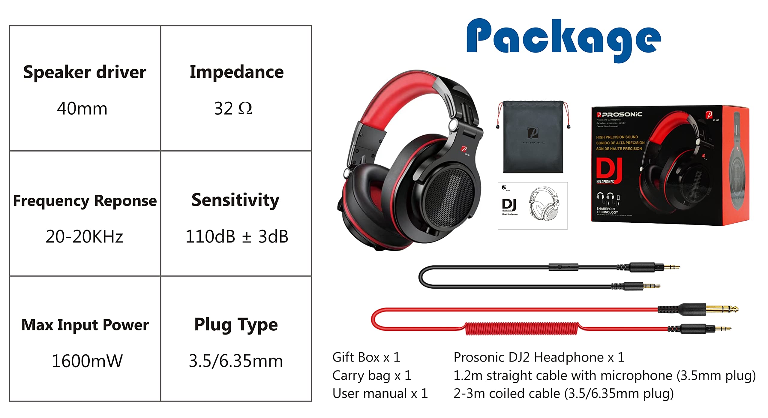 Prosonic DJ2G Over-Ear Headphones - Wired Bass Headset with 40mm Driver, Foldable Lightweight Design, SharePort & Built-in Mic for Recording, Mixing, Podcasting, Gaming & Music - Perfect for Studio, PC, TV & Travel (Black Grey)