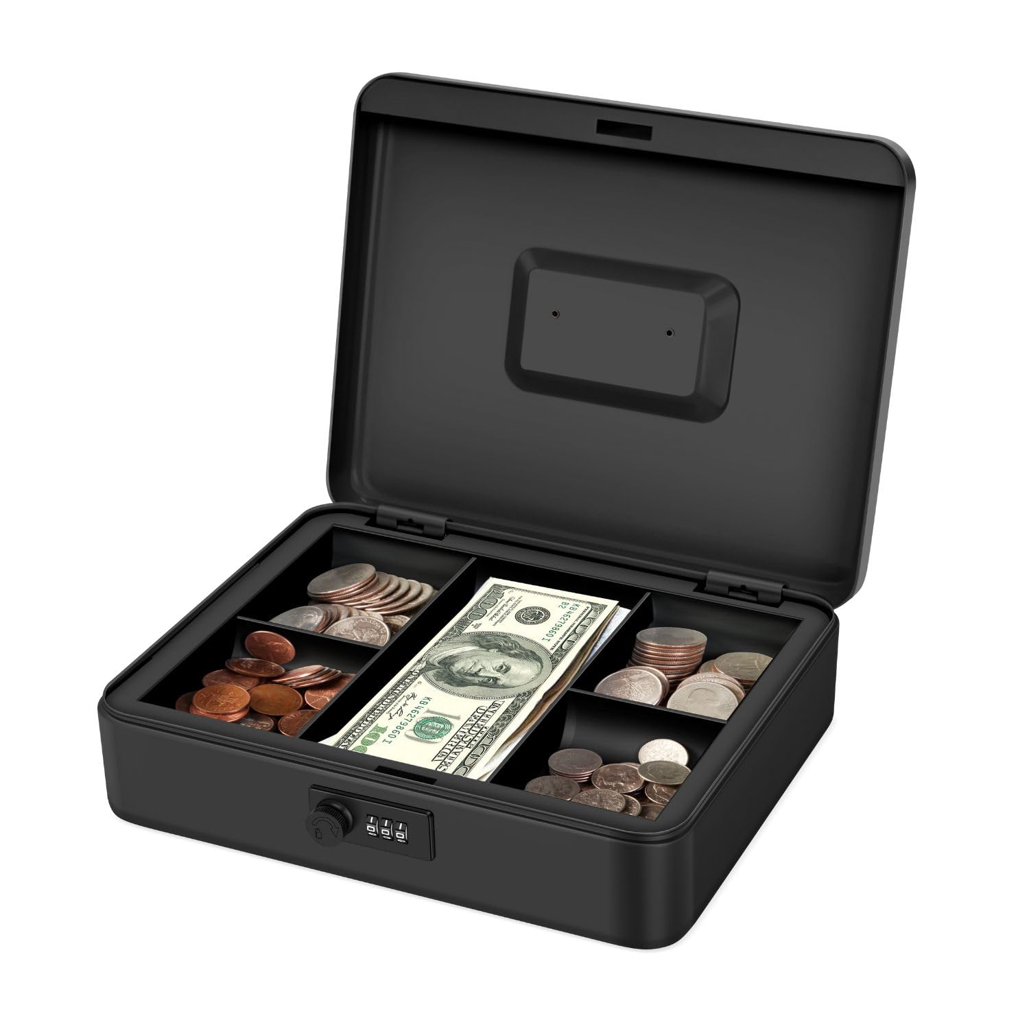 Secure Metal Cash Box with Combination Lock - 5-Compartment Money Tray for Cash, Checks & Coins - 11.8