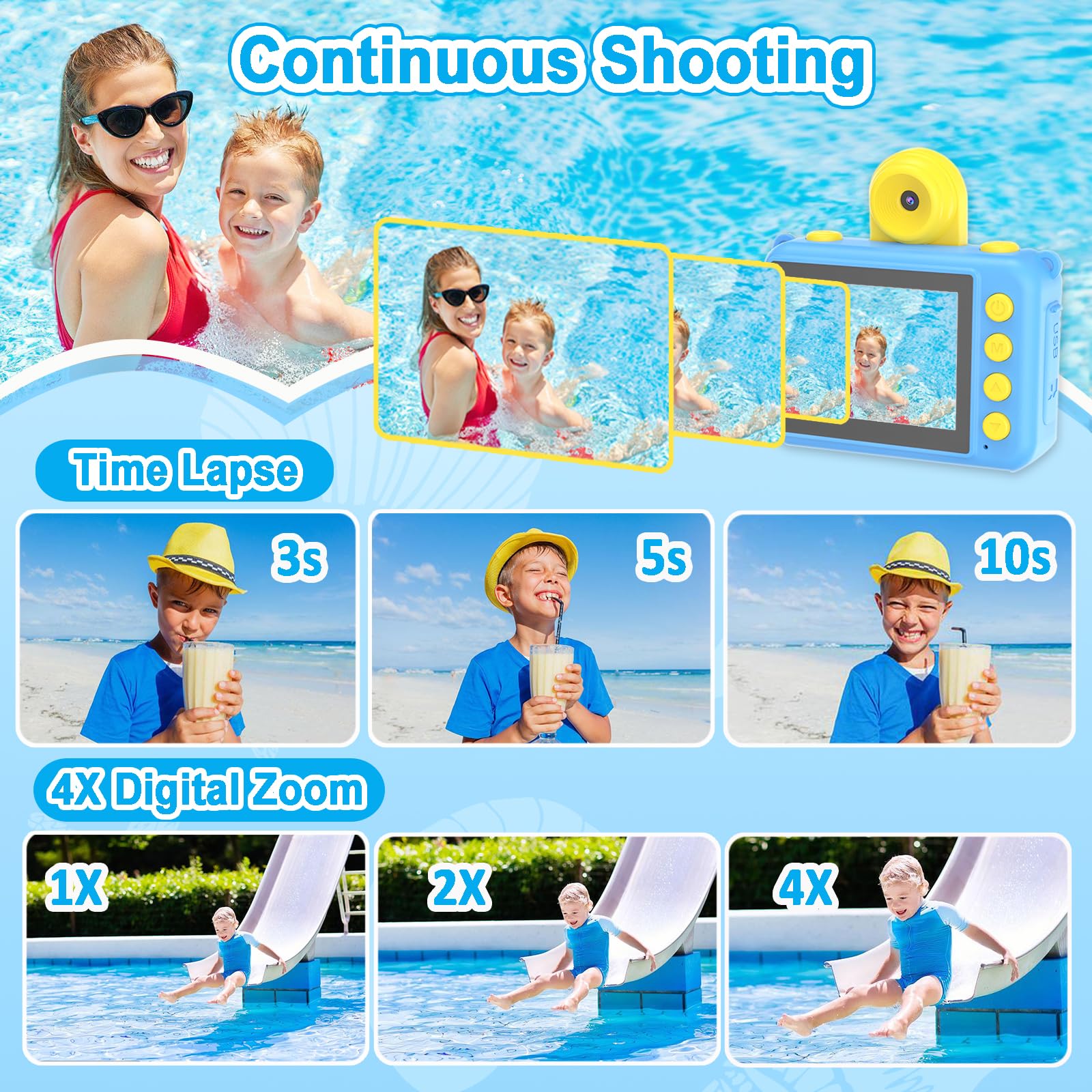 PROGRACE Waterproof Kids Camera - 2024 Upgraded Digital Underwater Camera for Children, Diving & Snorkeling Gear, Christmas & Birthday Gift for Boys & Girls Ages 4-11, Pool Toy & Action Camera for Beach, Swimming & Outdoor Adventures