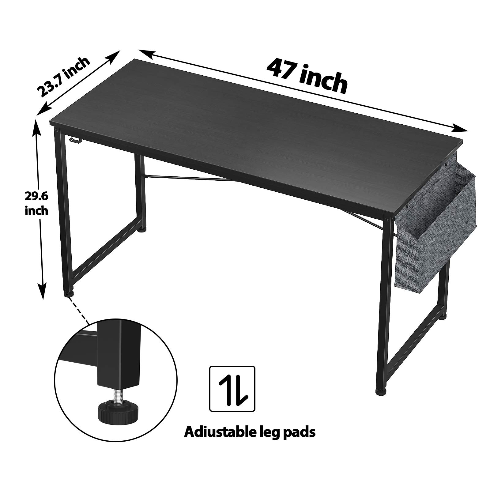 HomVent 47-inch Modern Computer Desk - Home Office Desk, Writing Study Table with Storage Bag, Waterproof & Durable (Black) - Perfect for Small Spaces, Remote Work, and Online Learning