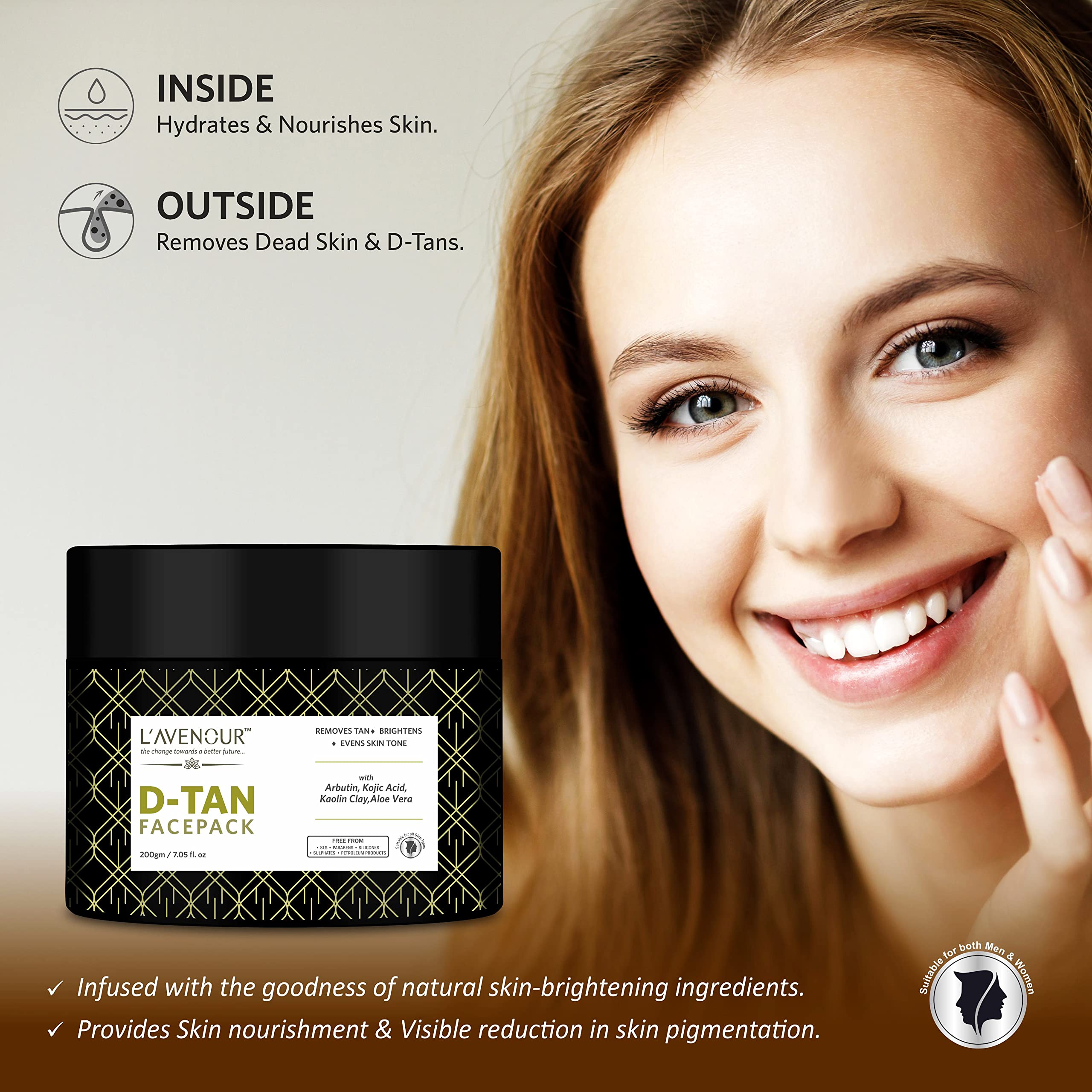L'avenour D-Tan Face Pack with Aloe Vera, Kaolin Clay & Arbutin - Skin Brightening, Tan Removal & Tone Evening Treatment for All Skin Types (200g) | Perfect for Post-Sun Care, Daily Glow & Radiant Complexion