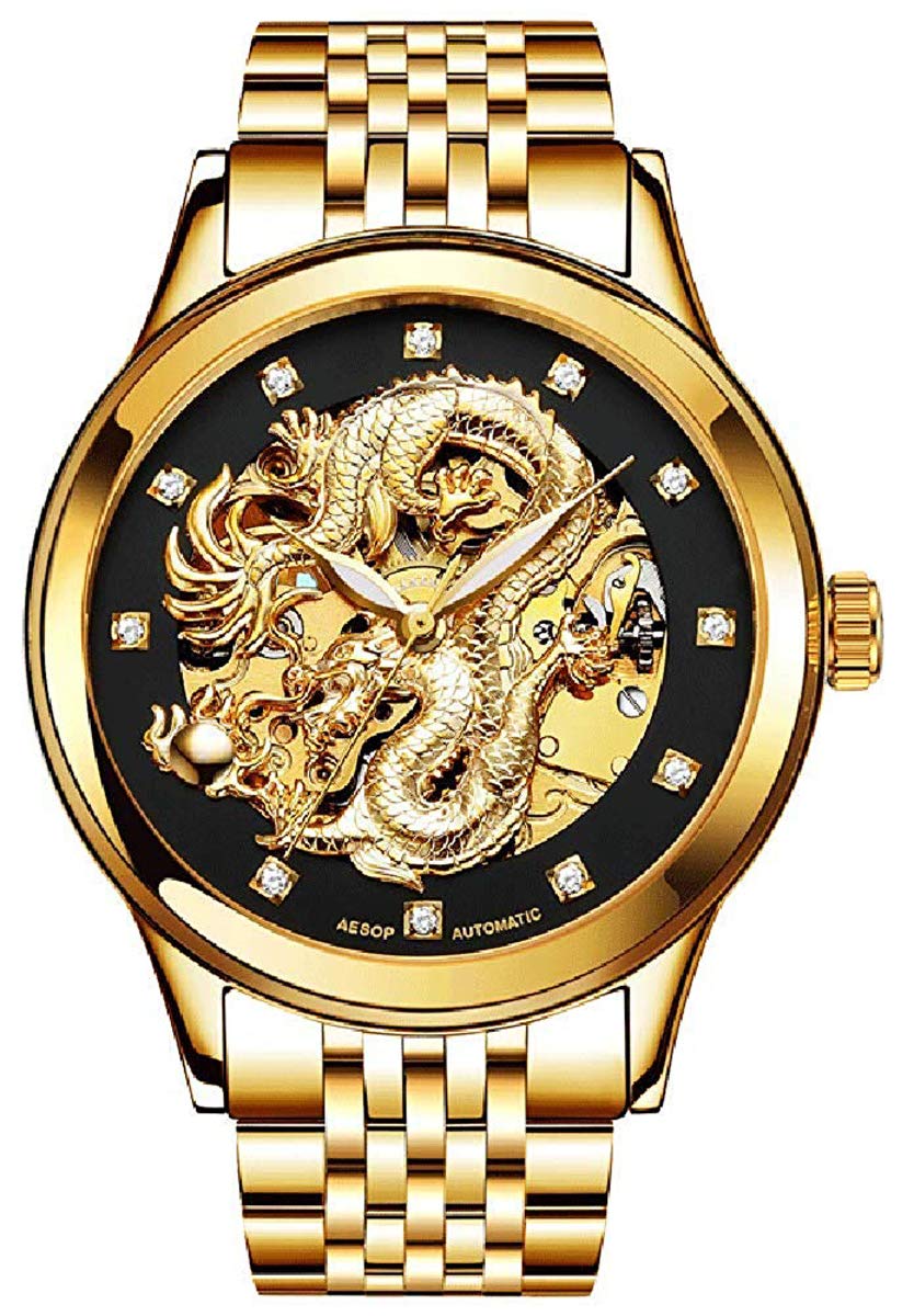 3D Golden Dragon Hollow Automatic Men's Watch - Waterproof Luxury Wristwatch with Diamond Hour Markers - Perfect for Formal Events, Business Meetings & Special Occasions