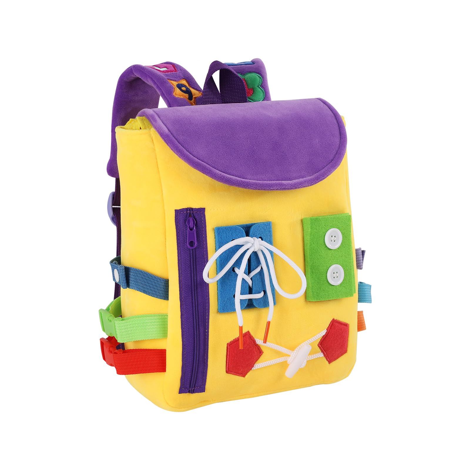 Busy Board for Toddlers - Educational Backpack with Buckles & Learning Activity Toys - Develop Fine Motor & Life Skills - Learn to Tie Shoes - Travel Toy for Kids - Perfect Gift for Boys & Girls (Yellow) - Great for Airplane Travel, Road Trips & Preschool Learning