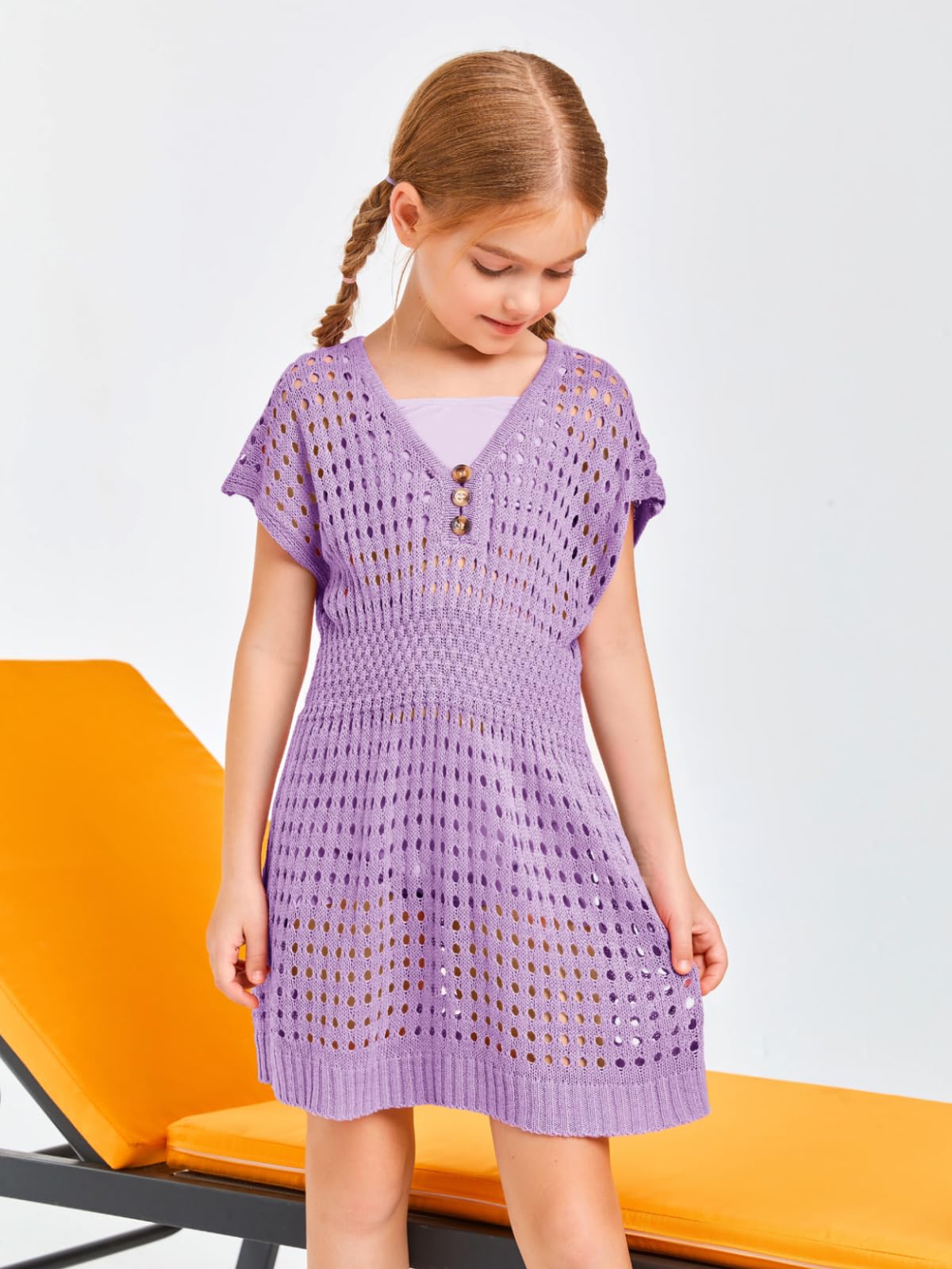Haloumoning Girls Crochet Swim Cover Up - Beach Button Short Sleeve Coverup for Kids Age 5-14 - Perfect for Pool, Beach Vacation & Summer Outfits