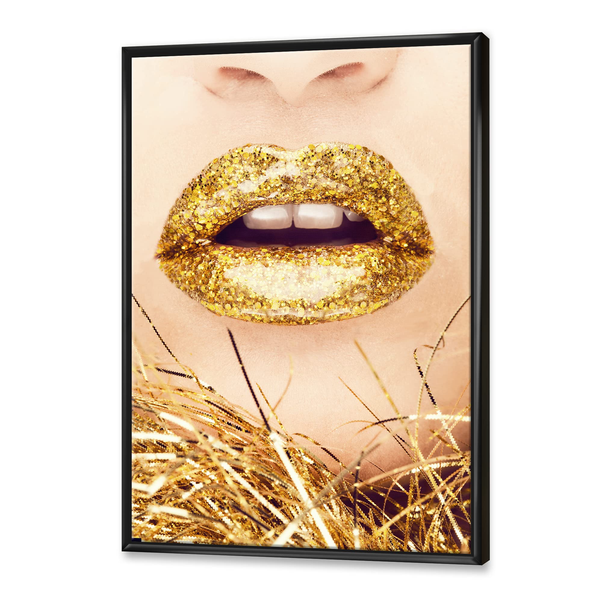 Golden Woman Lips Close-Up - Modern Framed Canvas Wall Art Print for Living Room, Bedroom & Office Decor