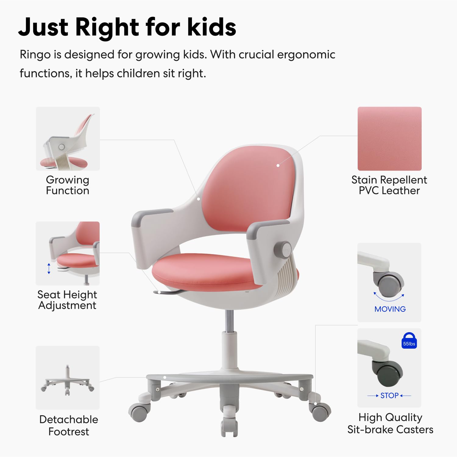 SIDIZ Ringo Ergonomic Kids Desk Chair with Adjustable Height, Footrest & 4-Step Growing Function - Swivel Office Chair with Sit-Locking Casters for Study & Homework (Rosy Pink) - Perfect for Children's Bedroom & Homeschooling Setup