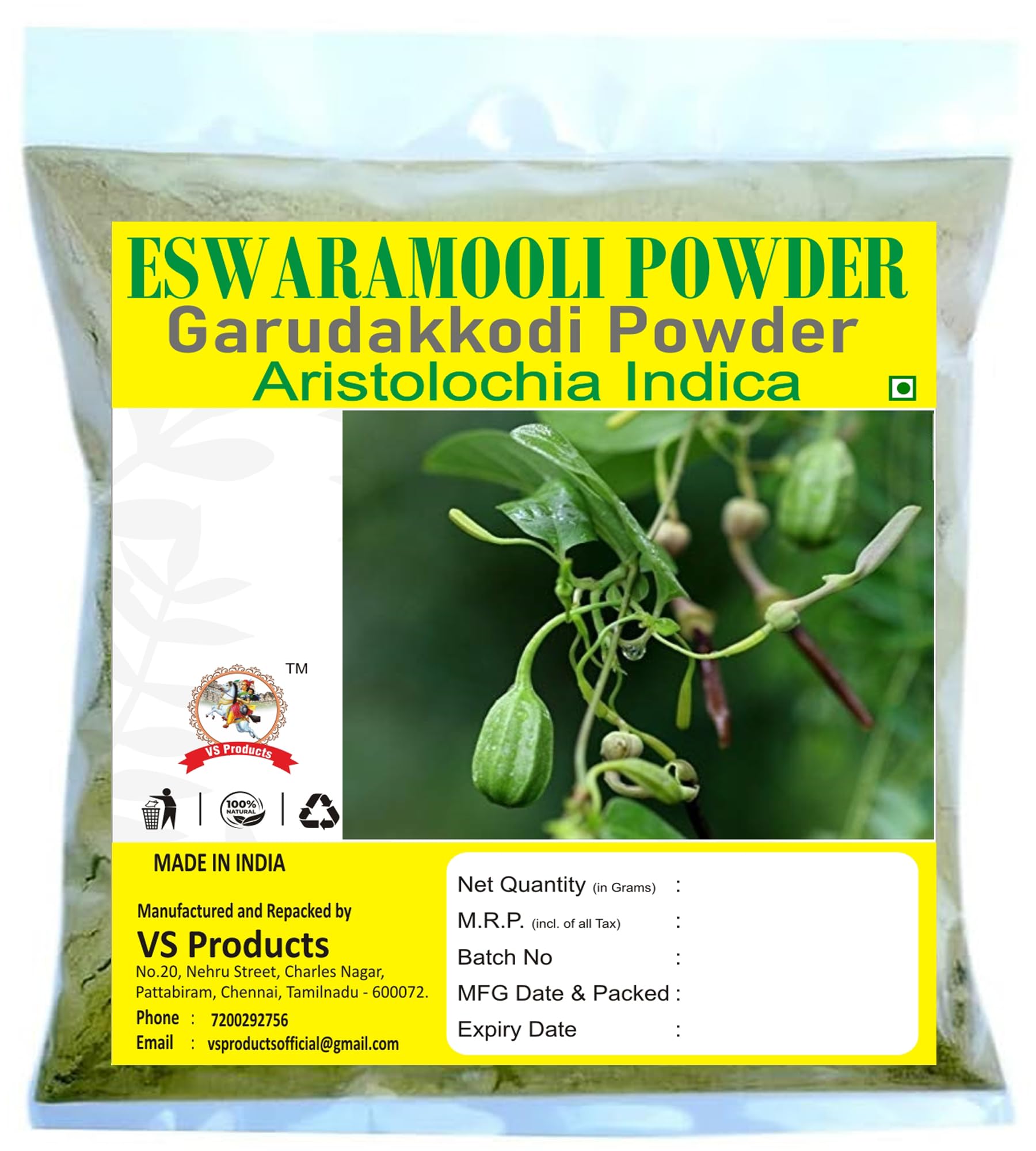 VS Products Eswaramooli Powder (100g) - Organic Garudakkodi, Aristolochia Indica, Arkmula, Esvaraveru Powder - Herbal Remedy for Digestive Health & Immunity Boost - Perfect for Ayurvedic Tea & Traditional Medicine