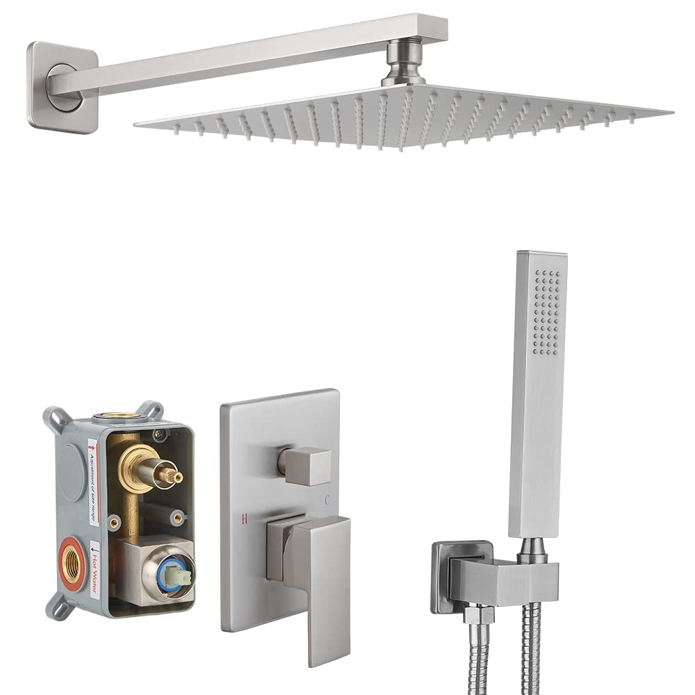 Luxury Brushed Nickel Shower System - 10 Inch Rainfall Shower Head with Handheld Sprayer, Wall Mounted Bathroom Shower Combo Set (Includes Rough-in Valve & Trim) for Spa-Like Relaxation and Modern Home Upgrade