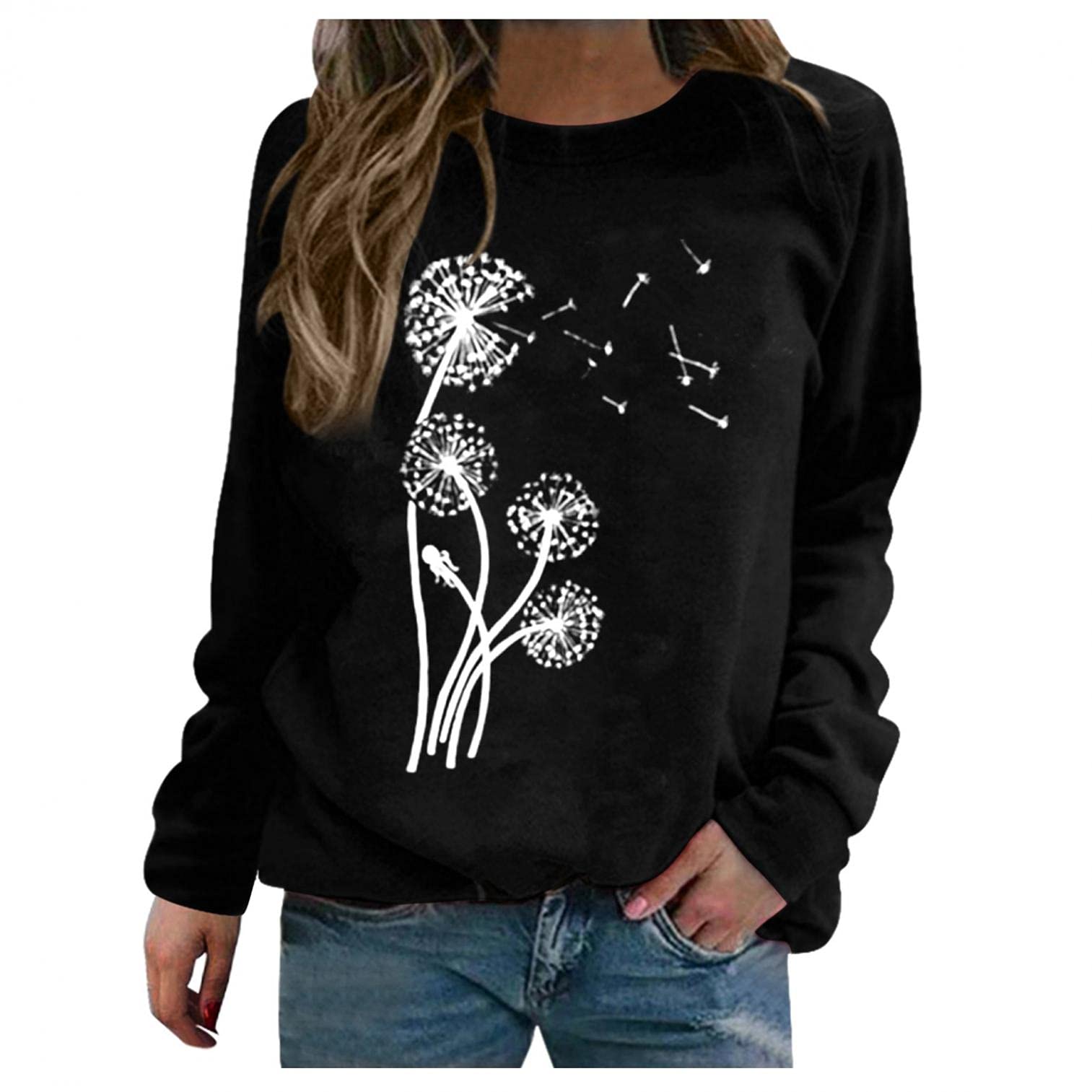 GUOBIOZIY Women's Casual & Dressy Long Sleeve Tunic Tops - Loose Fit Dandelion Print Tee for Fall, Workout & Office Wear | Perfect for Everyday, Yoga & Business Casual Outfits