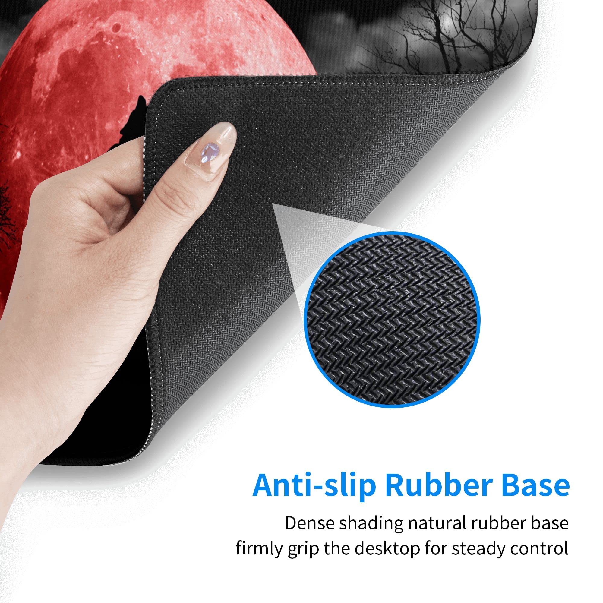 Premium Extended Gaming Mouse Pad - Wolf & Red Moon Design, Non-Slip Rubber Base with Stitched Edges (31.5