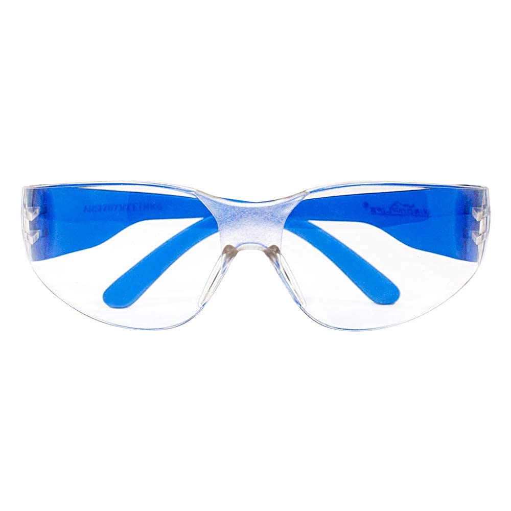 BISON LIFE Clear Polycarbonate Safety Glasses - Impact & Ballistic Resistant Lens, Blue Temple (12 Boxes, 144 Pairs) - Ideal for Construction, Woodworking, Shooting & Industrial Safety Use