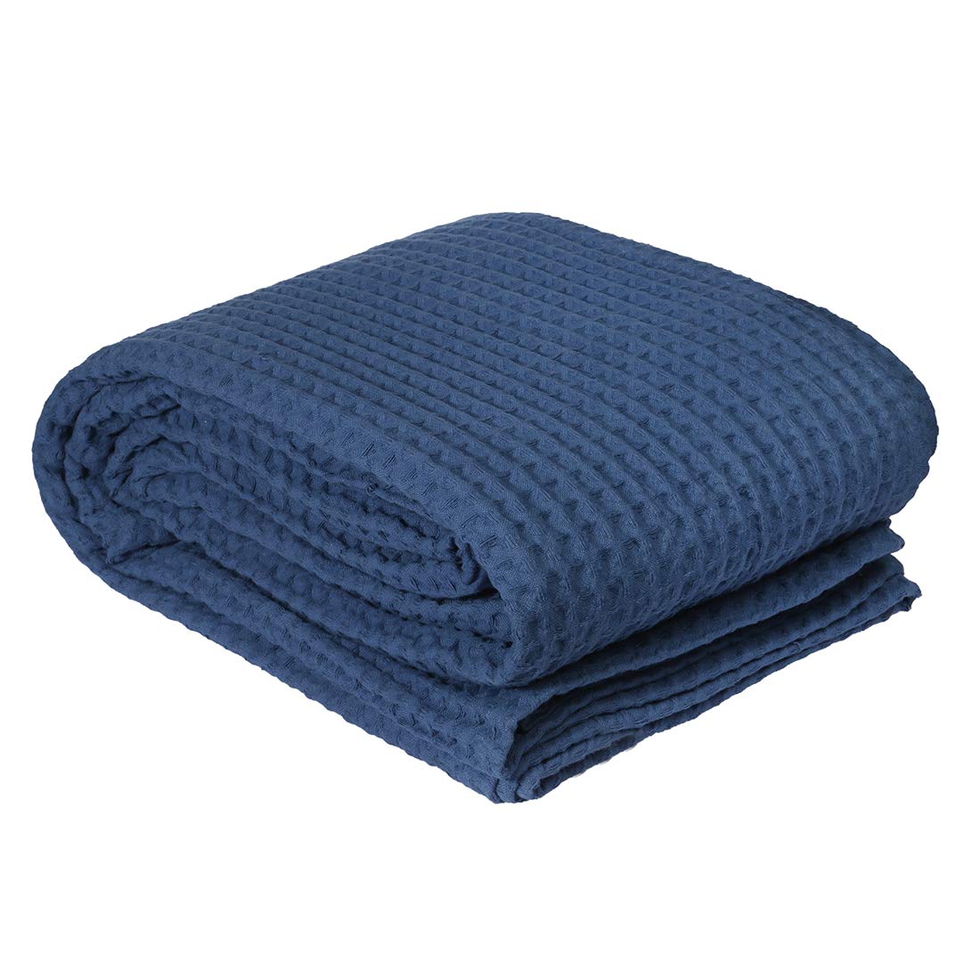 HILLFAIR 100% Combed Cotton Twin Size Blanket - Soft & Breathable All-Season Waffle Weave Bedding - Lightweight Summer Blanket for Home Decor - Navy Blue Twin Bed Cover - Perfect for Dorms, Guest Rooms & Cozy Nights