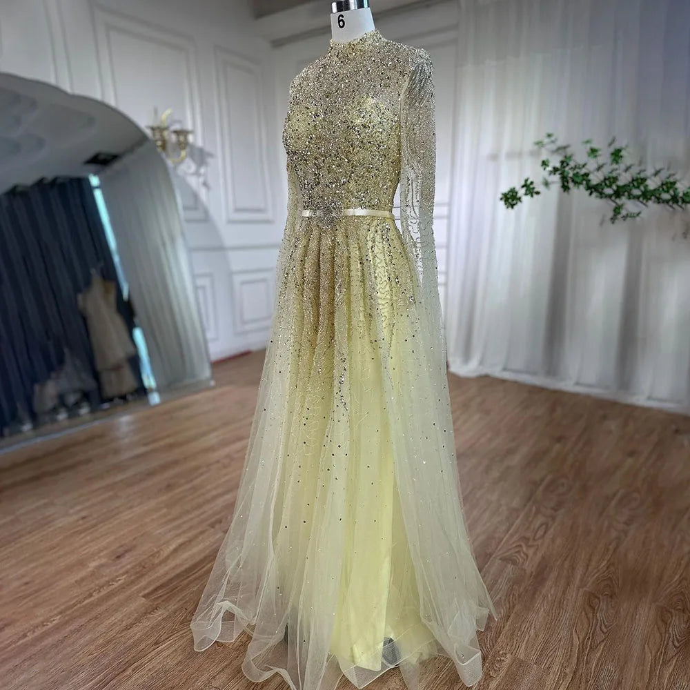 Elegant Gold A-Line Cape Sleeves High Neck Beaded Evening Gown for Women - Luxury Plus Size Formal Dress (LA70066B) | Perfect for Prom, Gala, Wedding & Black Tie Events