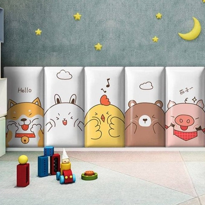 Soft Zoo Animals Parade Kids Wall Padded Safety Cushions - Non-Slip Playroom & Nursery Decor for Toddler Protection