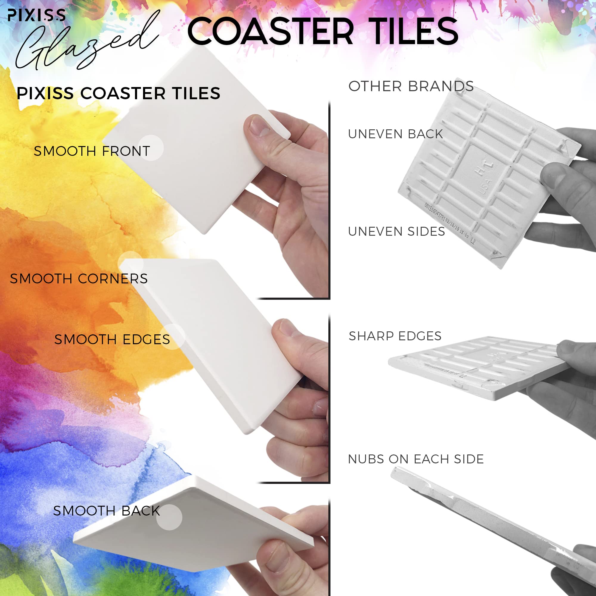 Pixiss 100-Pack 4x4 Inch Glazed Ceramic Coasters with Cork Backings - DIY Blank Square Tiles for Alcohol Ink, Acrylic Pouring & Painting - Perfect for Home Decor, Craft Projects & Party Supplies