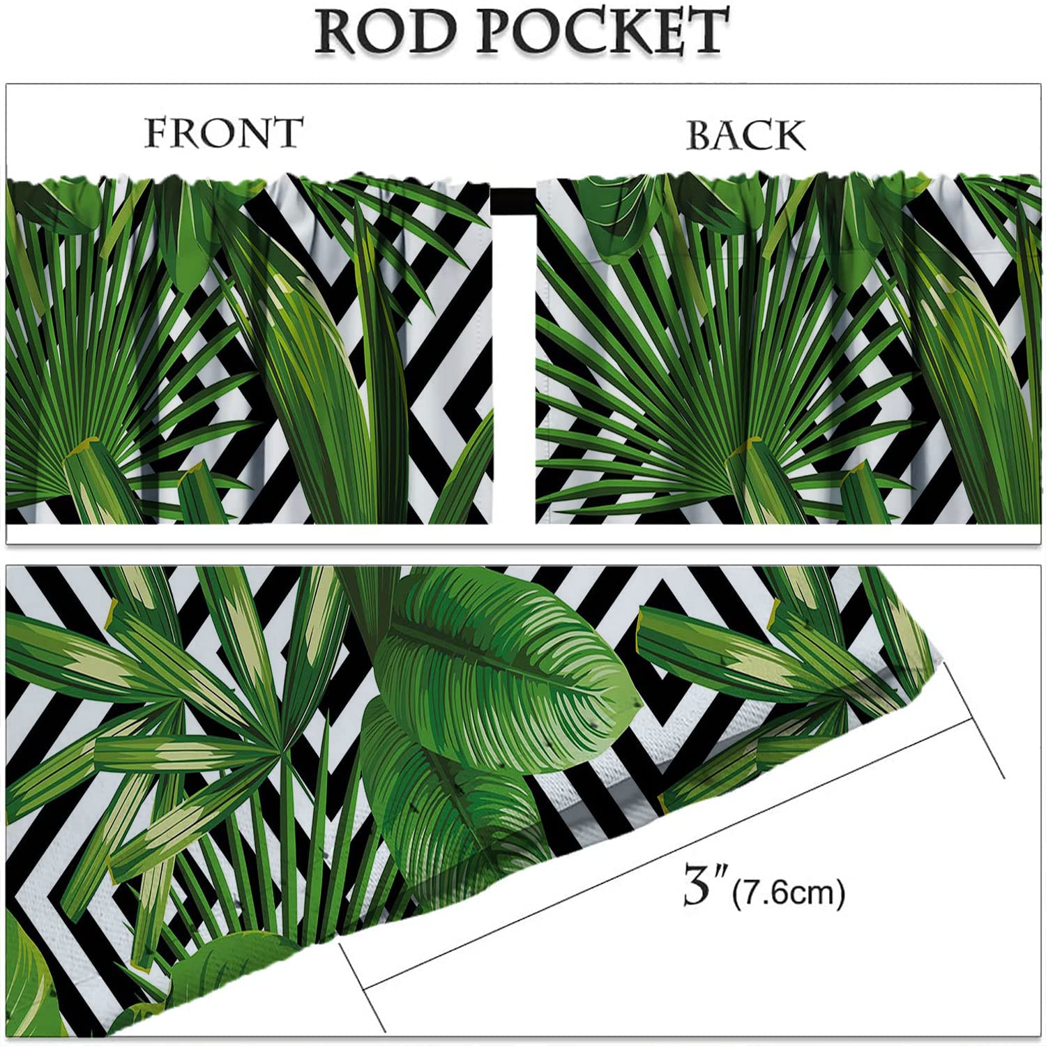 Tropical Palm Leaf Kitchen Curtains - 2 Panel Set with Black & White Geometric Background, Rod Pocket Design for Half Windows (42x36 Inches, Green) - Perfect for Bathroom, Basement & Jungle-Themed Decor