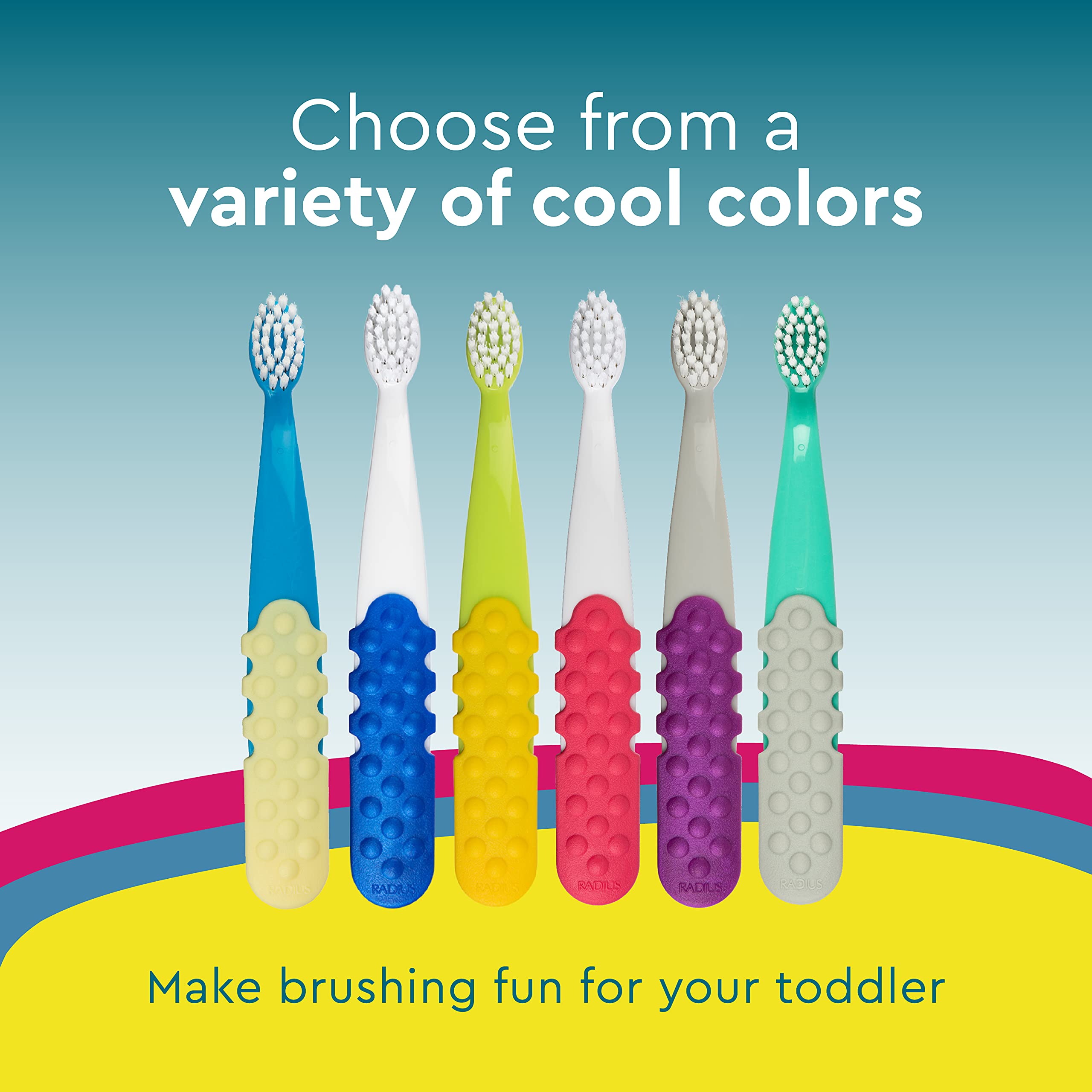 RADIUS Totz Plus Kids Toothbrush - Ultra Soft Bristles, BPA Free, ADA Accepted - Gentle Dental Care for Children 3+ Years (Blue/White, Green/Yellow, Blue/Blue) - 3 Pack - Perfect for Toddler Oral Hygiene & First Toothbrush Training