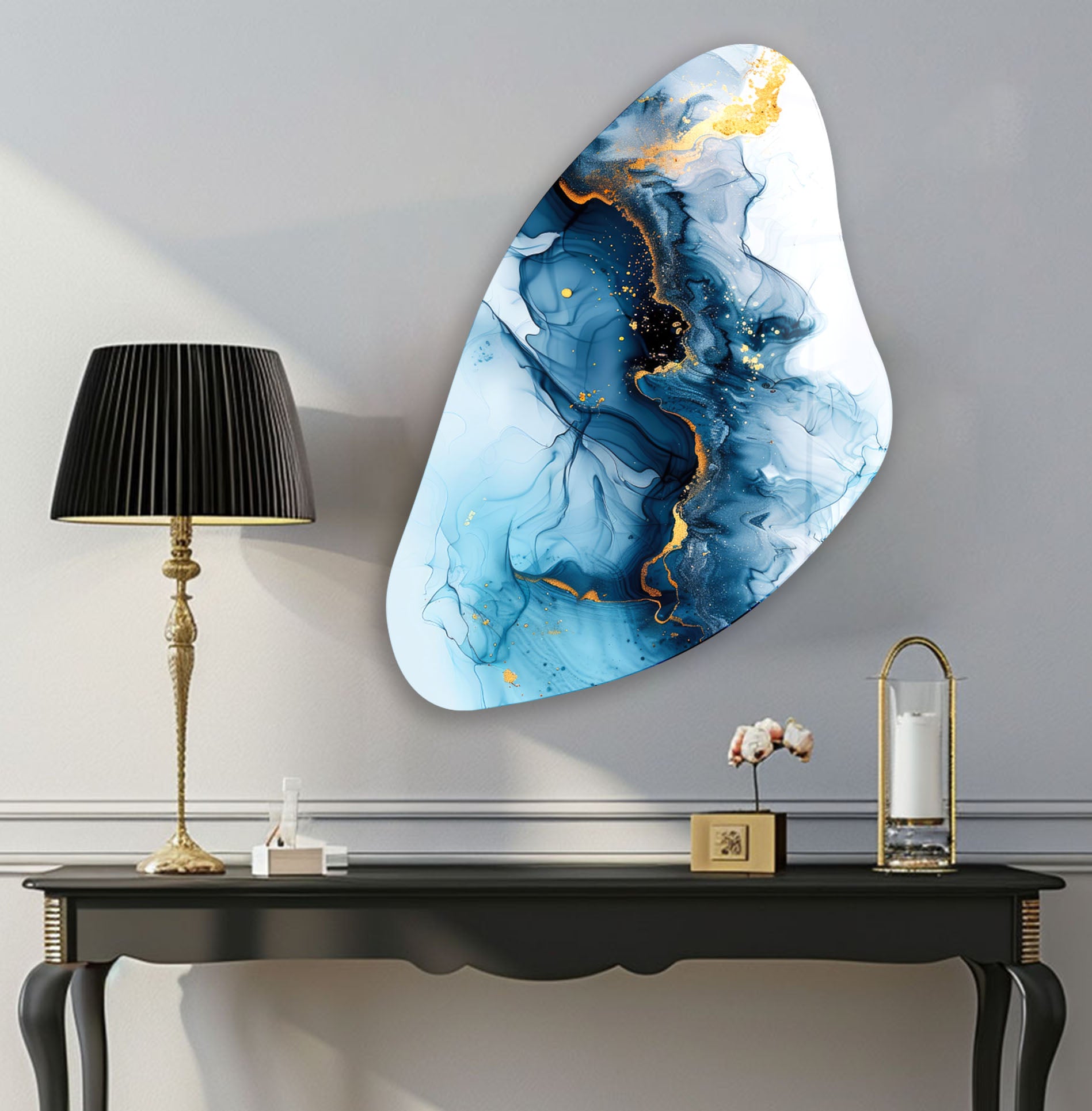 Blue Alcohol Ink Abstract Glass Wall Art - Handmade Modern Home Decor for Living Room, Bedroom & Office