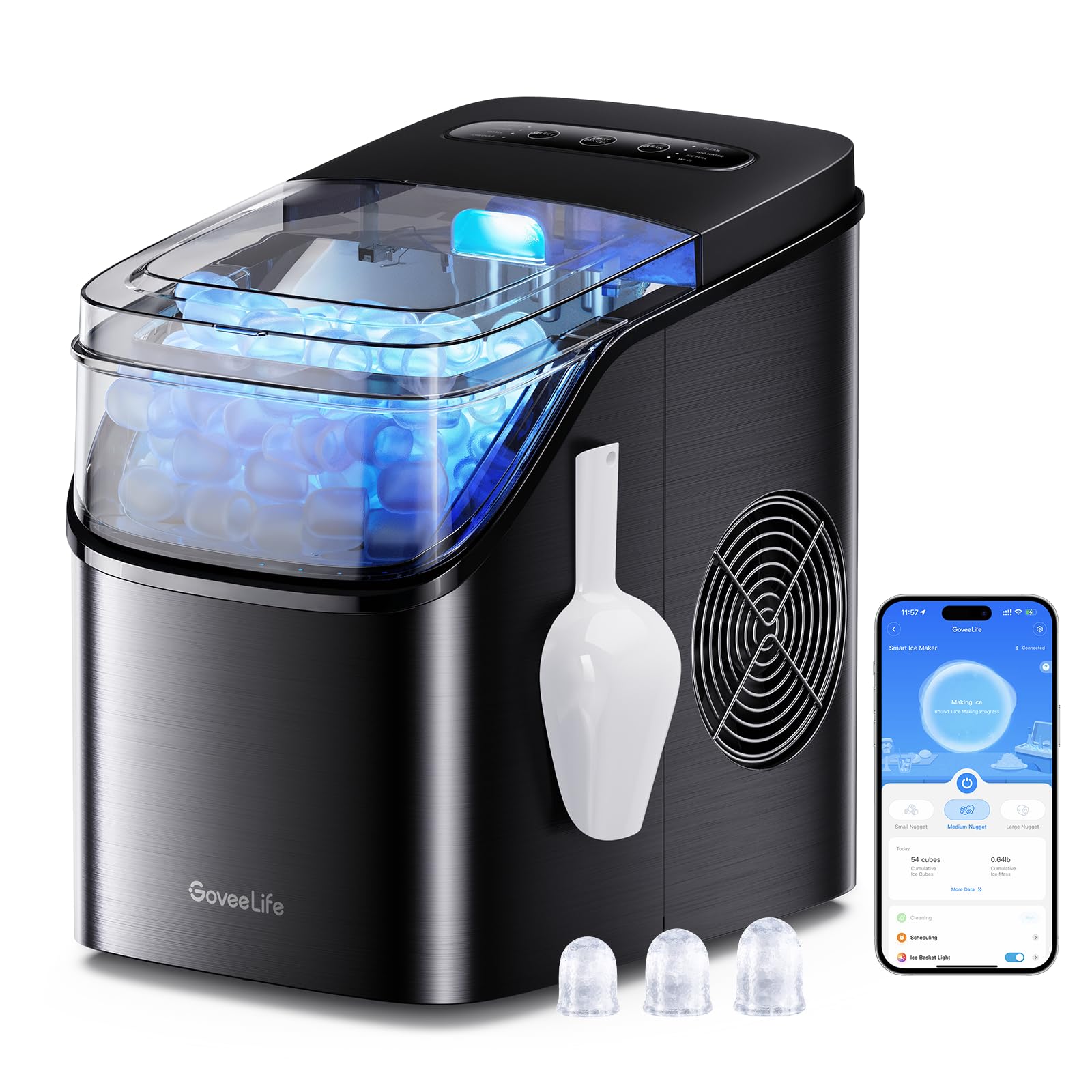 GoveeLife Smart Countertop Ice Maker Machine - Portable Ice Cube Maker with Voice Control, 9 Cubes in 6 Mins, 26lbs/24Hrs, 3 Size Options, Self-Cleaning & RGB Lights, Ultra Quiet - Perfect for Kitchen, Home Bar, RV & Office Use (Black)