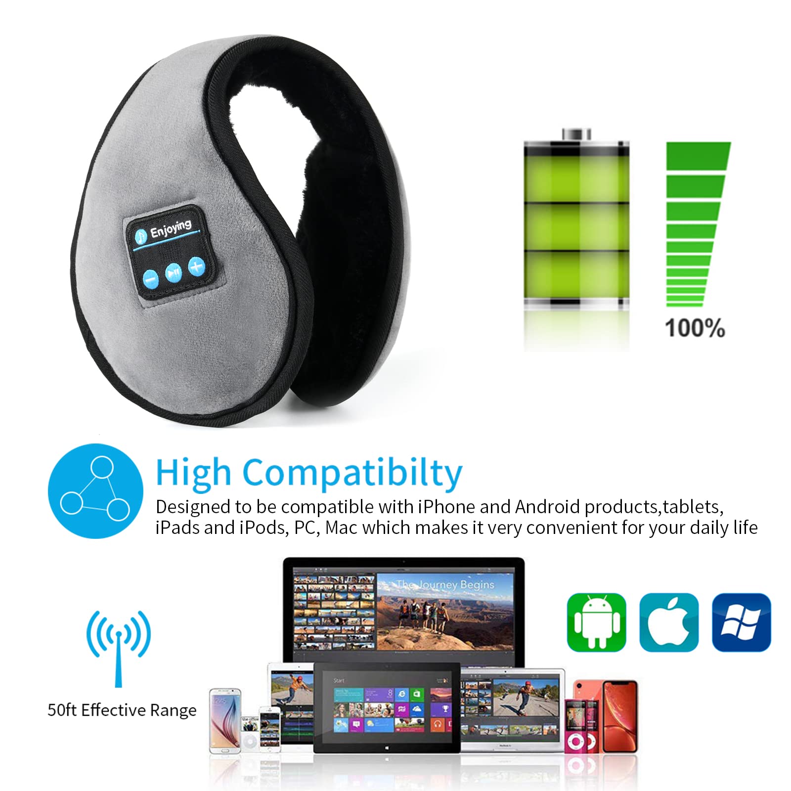 Wireless Bluetooth Earmuffs with Built-in Headphones - Winter Ear Warmers for Cold Weather - Perfect for Skiing, Snowboarding & Outdoor Activities