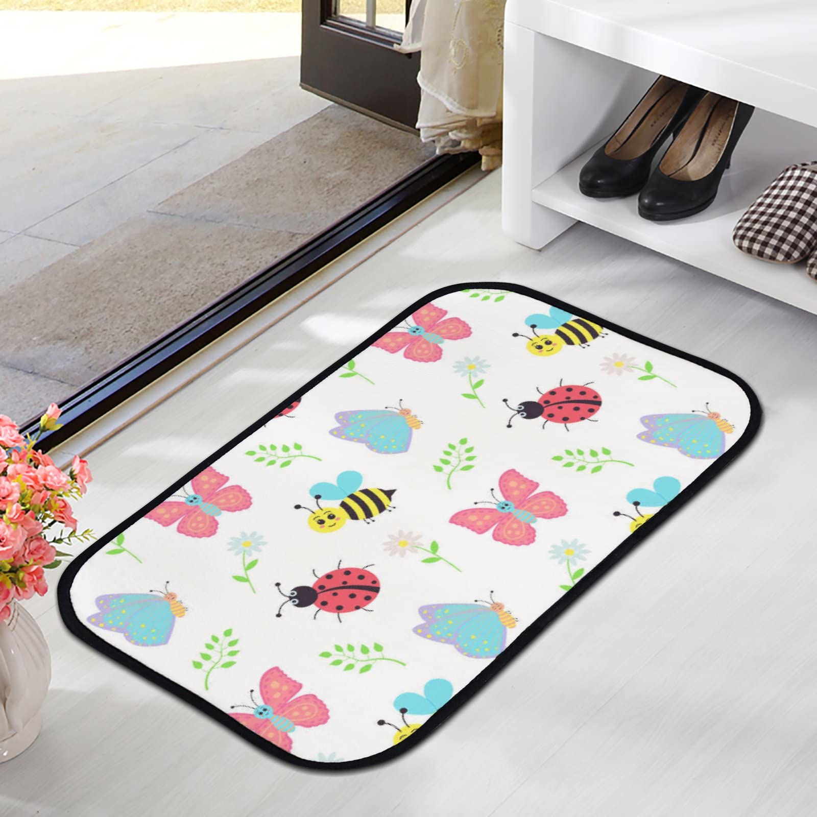 Soft Foam Non-Slip Washable Area Rugs - Cute Butterfly, Bee & Ladybug Design for Kitchen, Bathroom - Indoor/Outdoor Home Decor (23.6x15.7 Inches) - Perfect for Kids' Rooms, Nursery, Dorm & Pet-Friendly Spaces