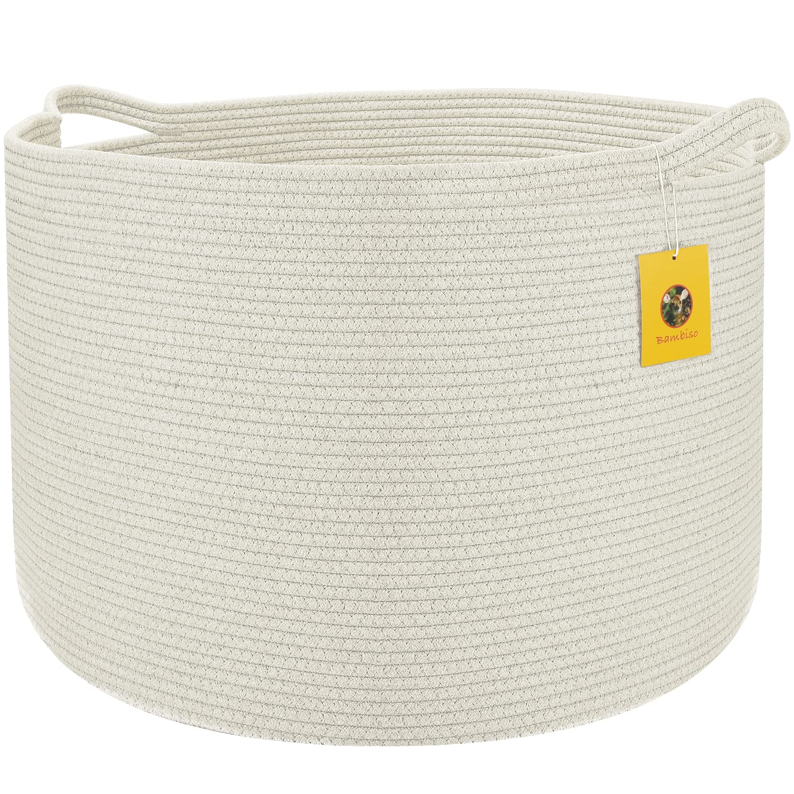 Bambiso Extra Large White Cotton Rope Basket - 22x22x16 Inch Oversized Woven Storage Bin for Blankets, Laundry, Toys & Nursery Organization | Creamy White Home Decor Basket for Living Room, Bedroom or Baby Nursery