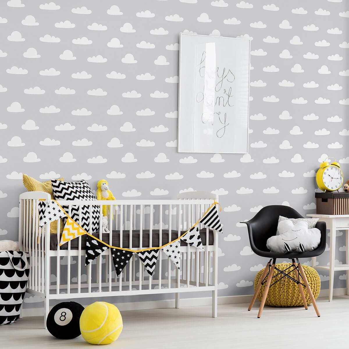 White and Silver Clouds Baby Peel & Stick Removable Wallpaper - Self-Adhesive Nursery Decor for Girls & Boys Rooms - Easy to Install & Remove