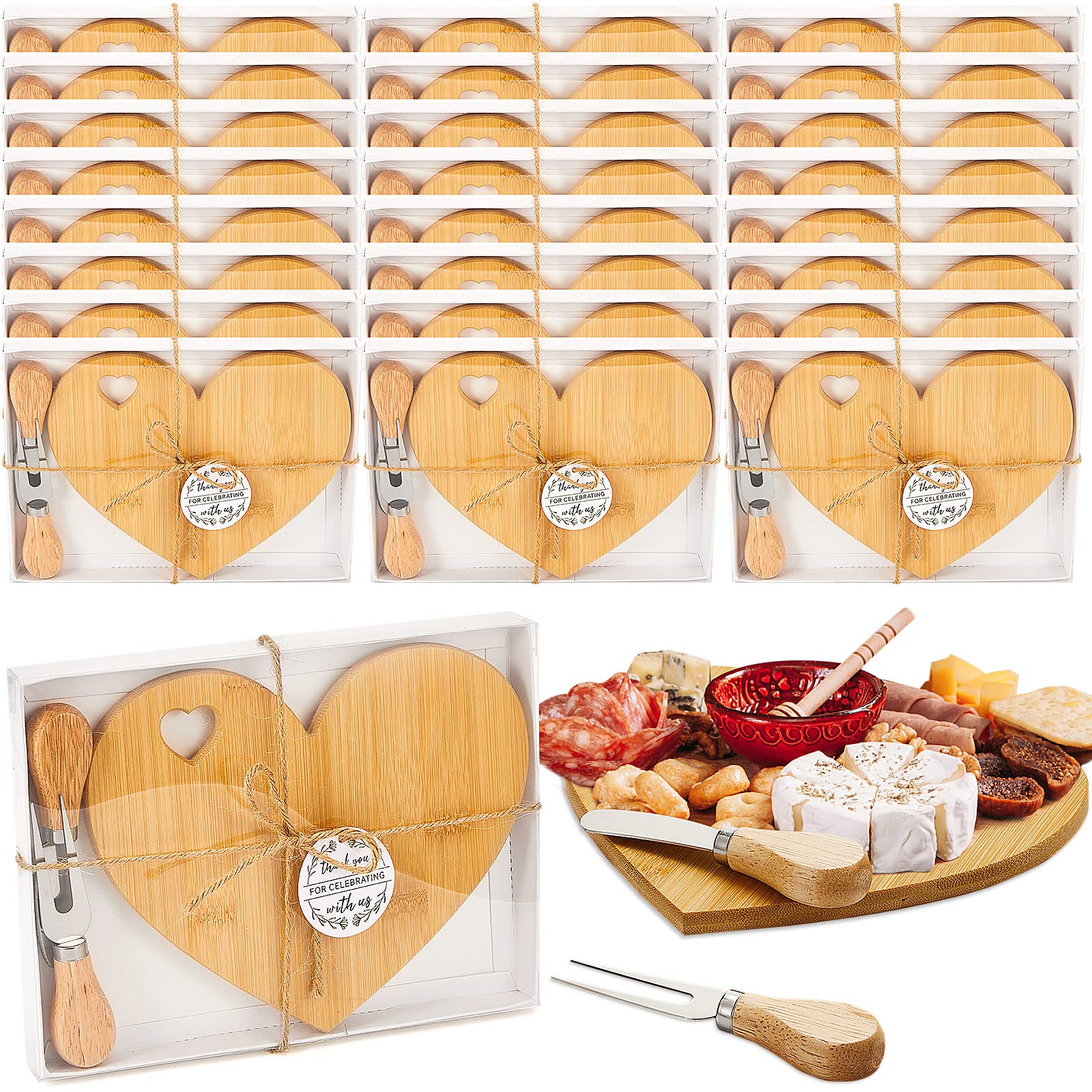 24-Piece Heart-Shaped Cheese Board Set - Mini Wooden Charcuterie Plates with Cheese Knives - Elegant Bridal Shower Favors, Wedding Guest Gifts, Baby Shower Prizes - Perfect for Valentine's Day, Anniversaries & Romantic Date Nights (Bamboo Color)