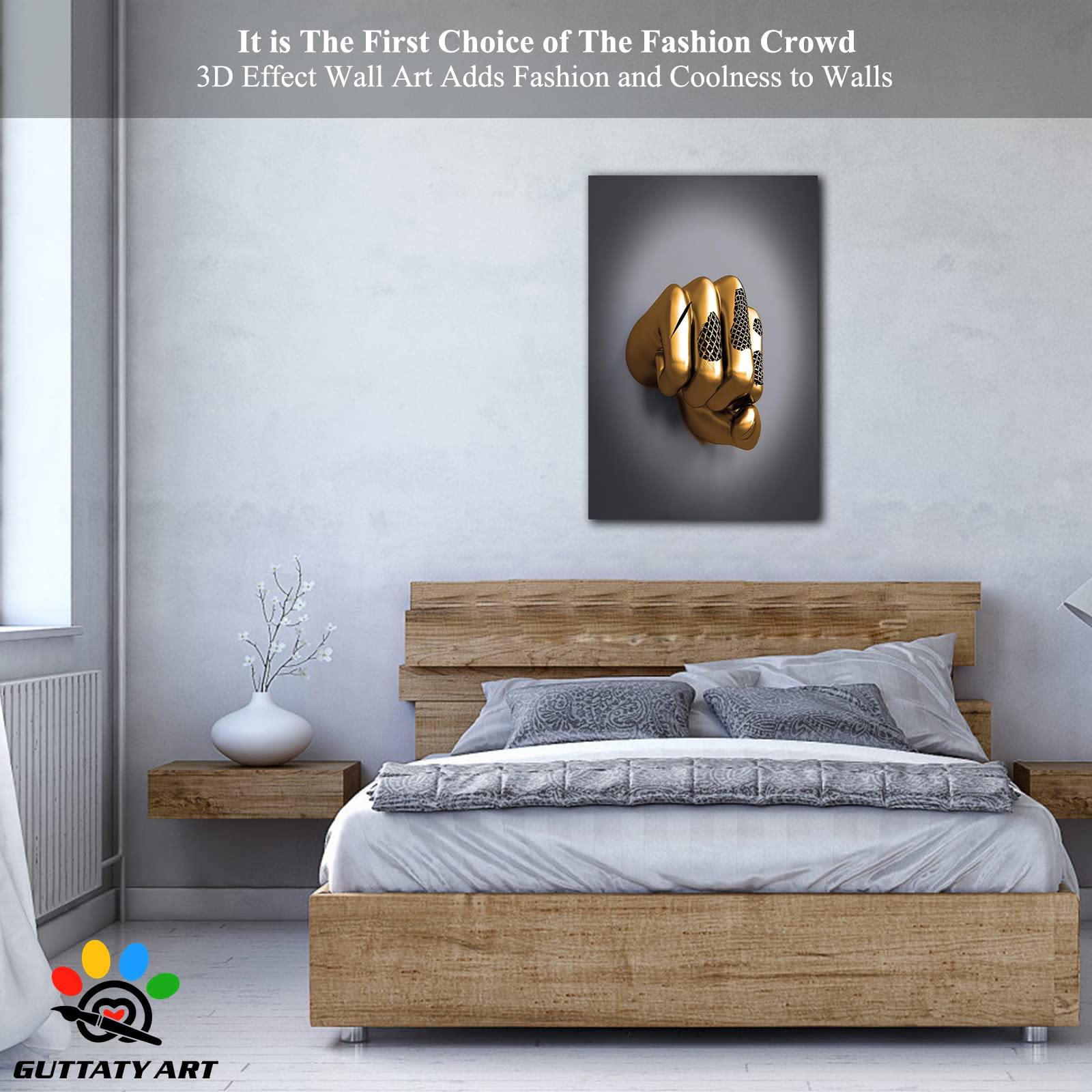 3D Metal Effect Fist Canvas Wall Art - Modern Silver Framed Wall Decor for Men's Bedroom & Living Room - Valentine's Day Gift Idea - 18x24 Inches - Perfect for Home Office, Man Cave, or Contemporary Interior Design