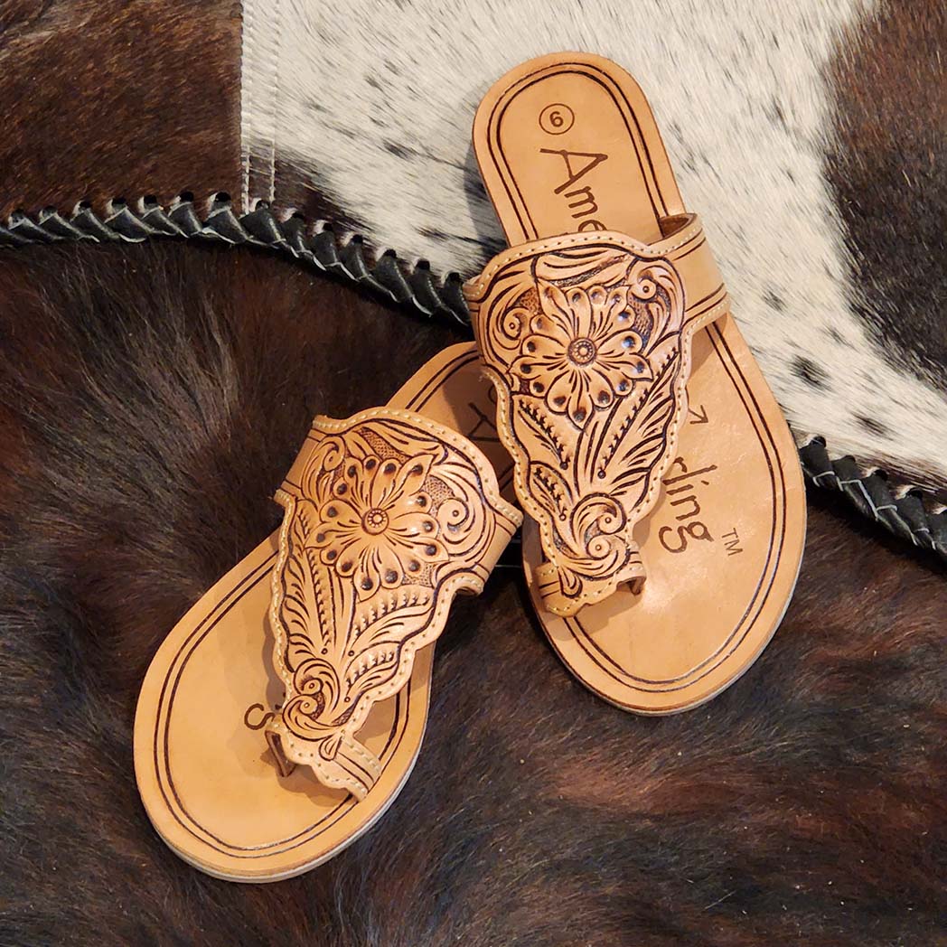 American Darling Tooled Leather Flip Flops - Handmade Sandals for Women | Comfortable & Stylish Summer Footwear for Beach, Pool & Casual Outings