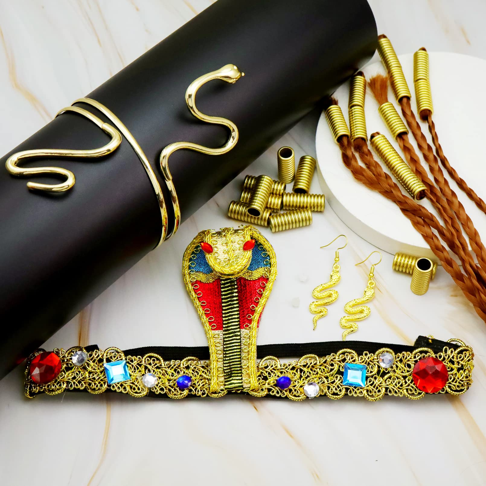 25Pcs Egyptian Cleopatra Costume Accessories Set - Golden Snake Headpiece, Arm Cuffs & Earrings for Cosplay, Halloween & Themed Parties | Vintage Pharaoh Jewelry Collection
