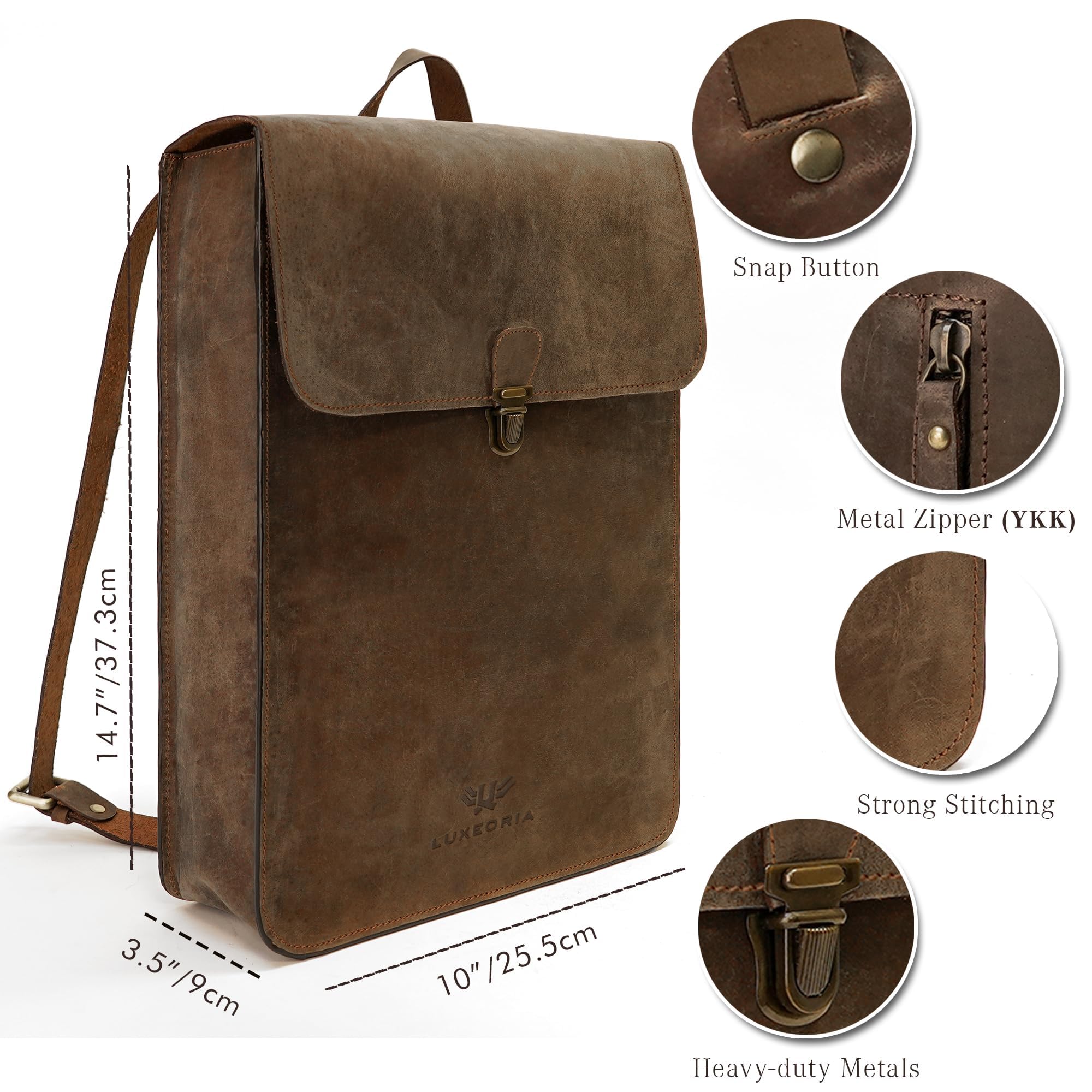LUXEORIA Genuine Leather Backpack for Men & Women - Handmade Minimalist Retro Laptop Bag 15.6 Inch, Durable Hiking Daypack for Travel, Work & School - Hunter Brown