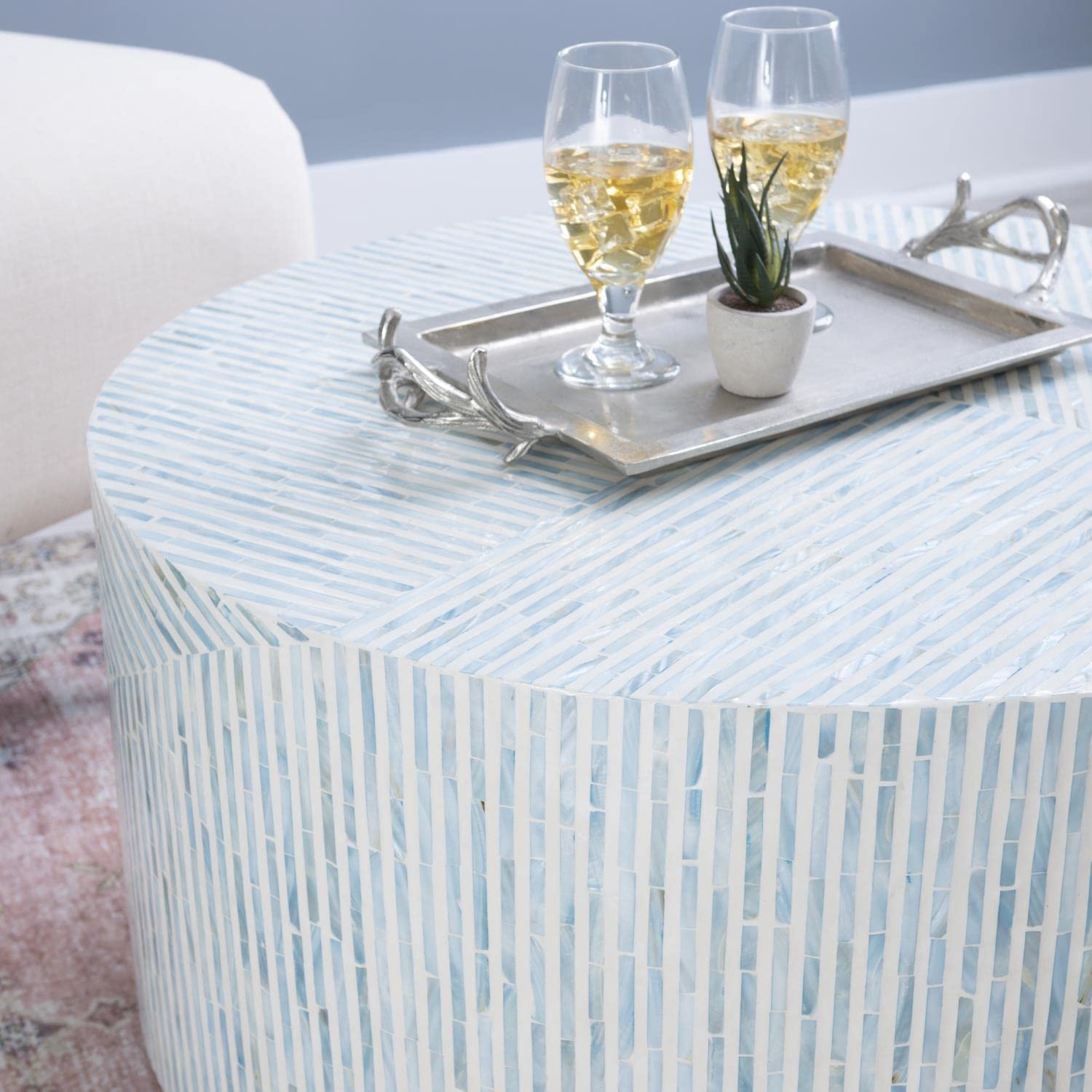 Linon Perrin Capiz Coffee Table - Blue Glass Top Modern End Table for Living Room, Bedroom & Office Decor