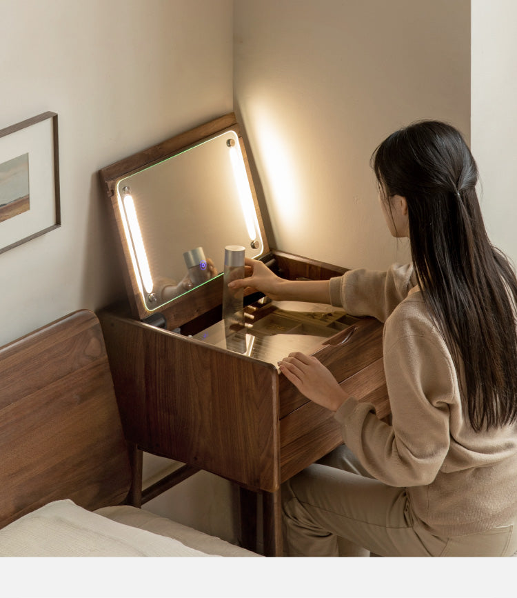 Solid Black Walnut Wood Mirror Dressing Table - Elegant Vanity Desk for Bedroom, Bathroom & Makeup Area