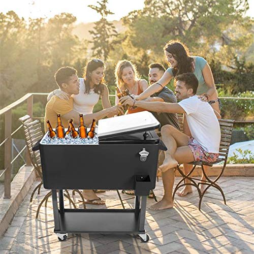 80 QT Rolling Ice Chest Cooler with Wheels & Shelf - Portable Outdoor Drink Cooler Cart for Picnics, BBQs, Camping & Tailgating - Perfect for Patio, Beach & Backyard Parties