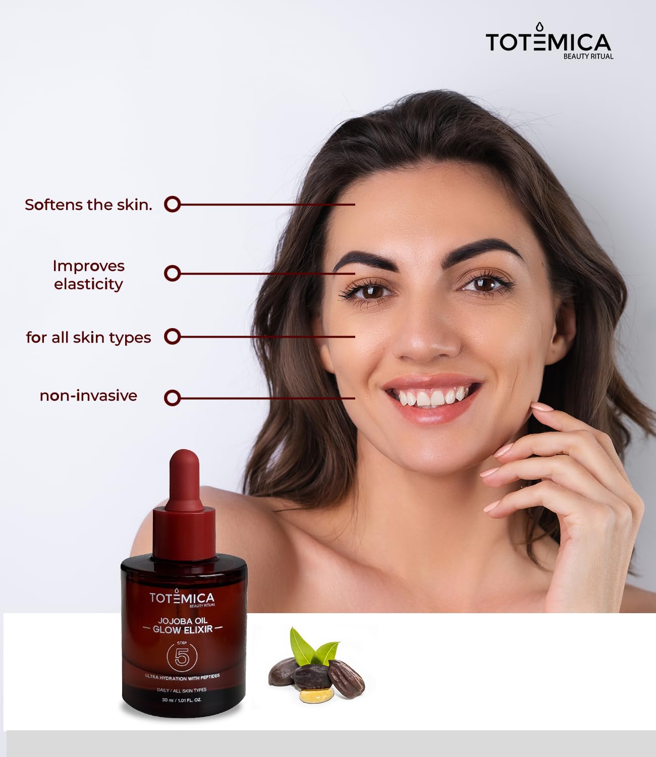 Organic Jojoba Oil Glow Elixir – Hydrating & Anti-Aging Face Oil with Peptides | Vegan, Non-Comedogenic Facial & Body Moisturizer for Dry Skin & Hair Care (1.01 Fl Oz) | Perfect for Night Routine, Massage & DIY Beauty Treatments